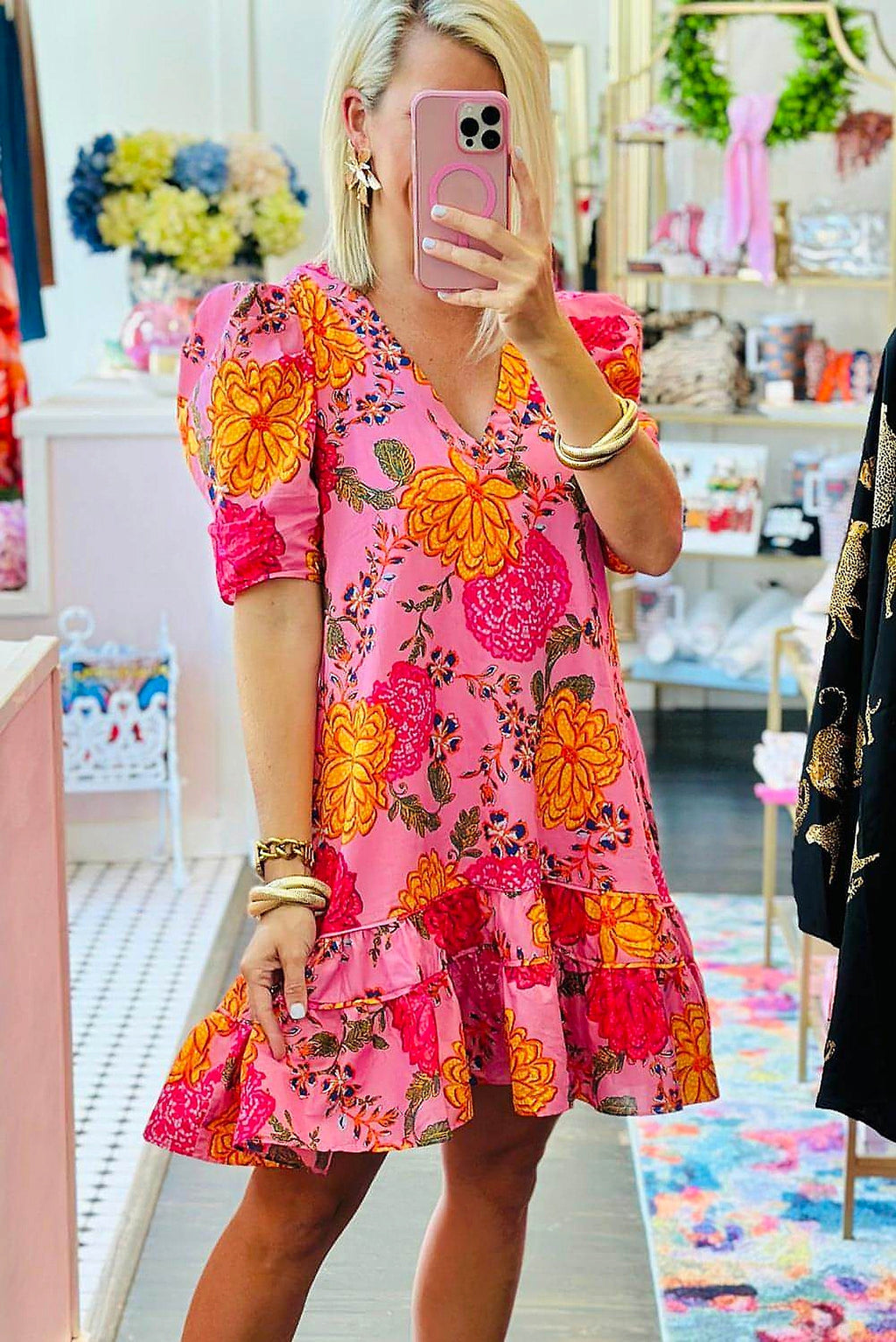 Pink Floral Bubble Sleeve V Neck Ruffled Mini Dress - enhanced image 11