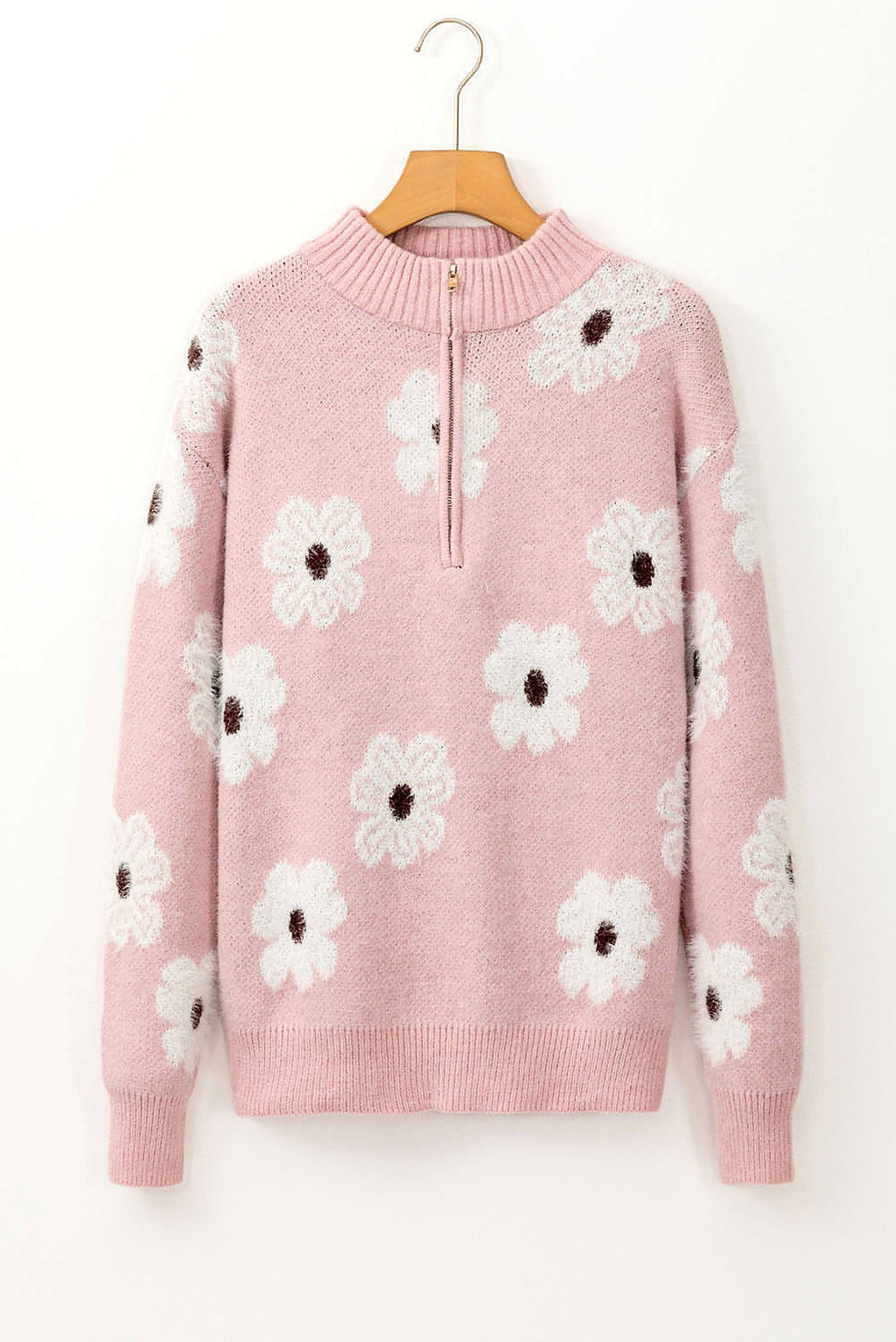 Pink Floral Pattern Half Zip Drop Shoulder Sweater - enhanced image 11
