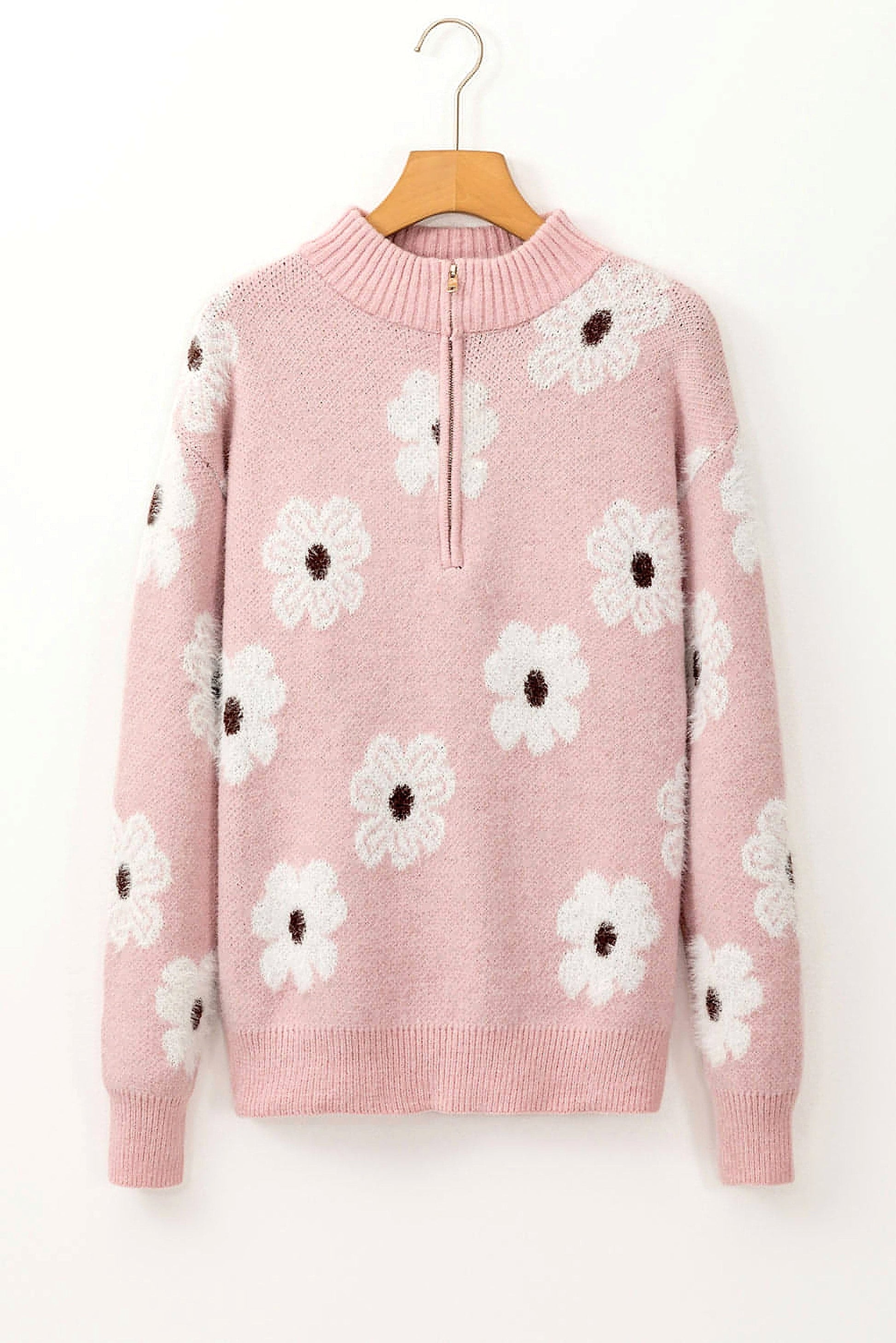 Pink Floral Pattern Half Zip Drop Shoulder Sweater - enhanced image 11