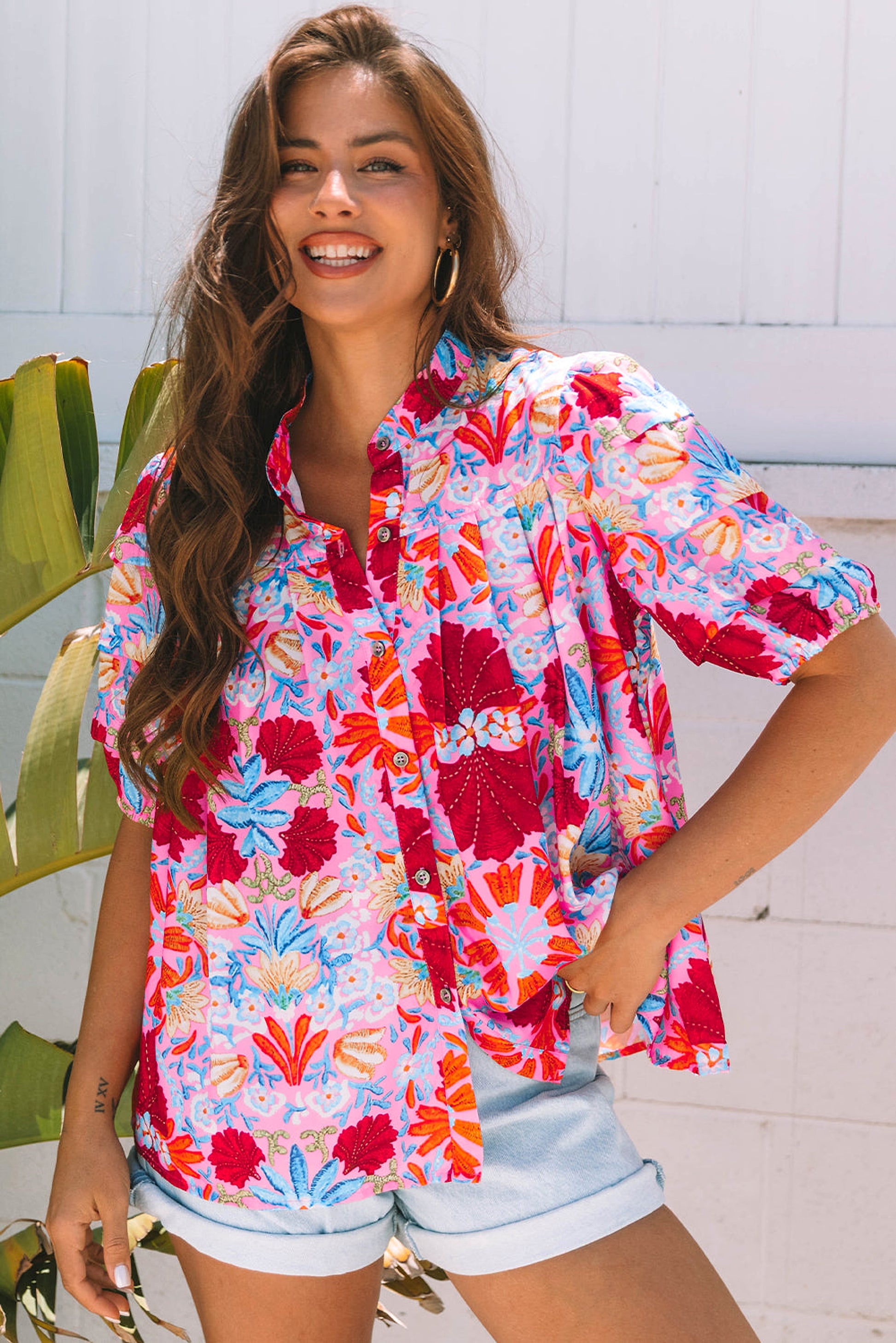 Pink Floral Print Bubble Sleeve Button Up Pleated Shirt - enhanced image 11