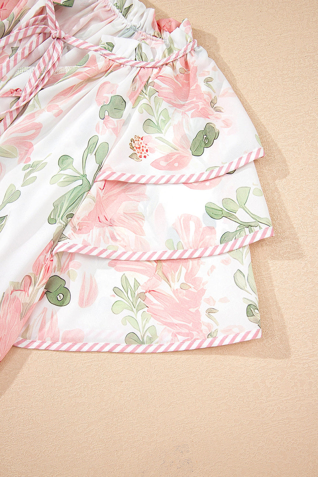 Pink Floral Print Striped Contrast Tiered Ruffled Sleeve V Neck Blouse - enhanced image 11