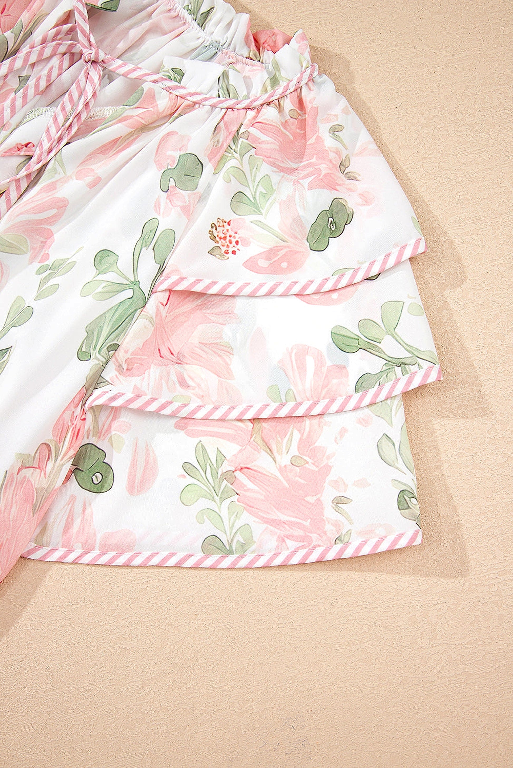 Pink Floral Print Striped Contrast Tiered Ruffled Sleeve V Neck Blouse - enhanced image 11