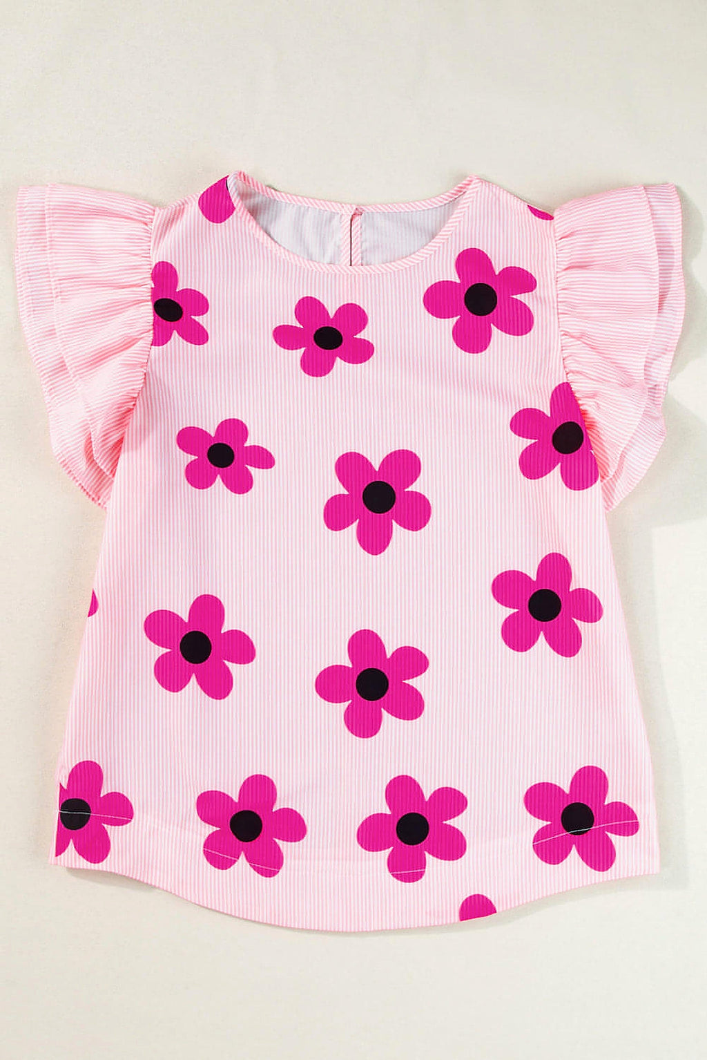 Pink Pinstripe Floral Print Ruffled Flutter Sleeve Blouse - enhanced image 11