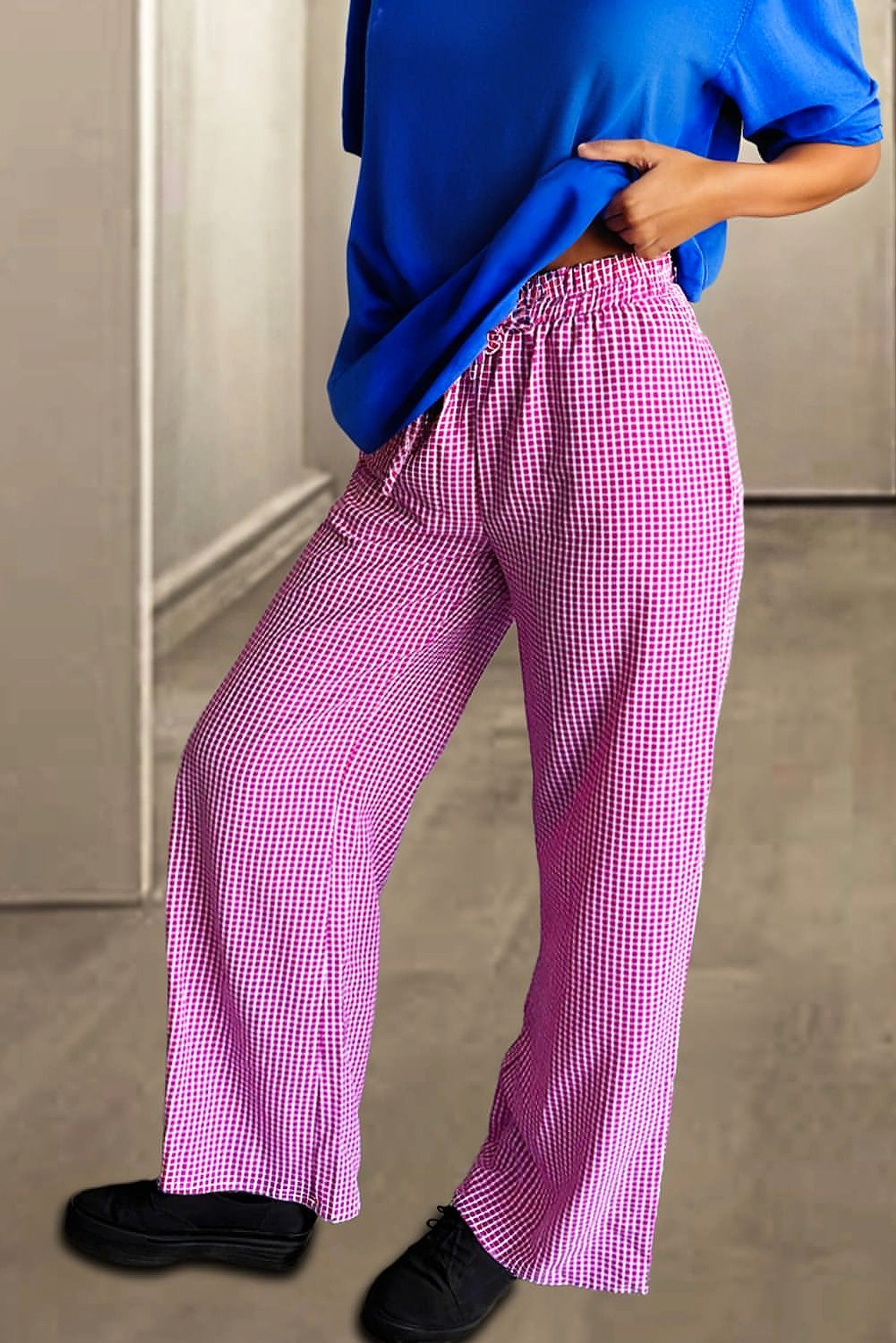 Pink Plaid Print Drawstring High Waist Wide Leg Casual Pants - enhanced image 11