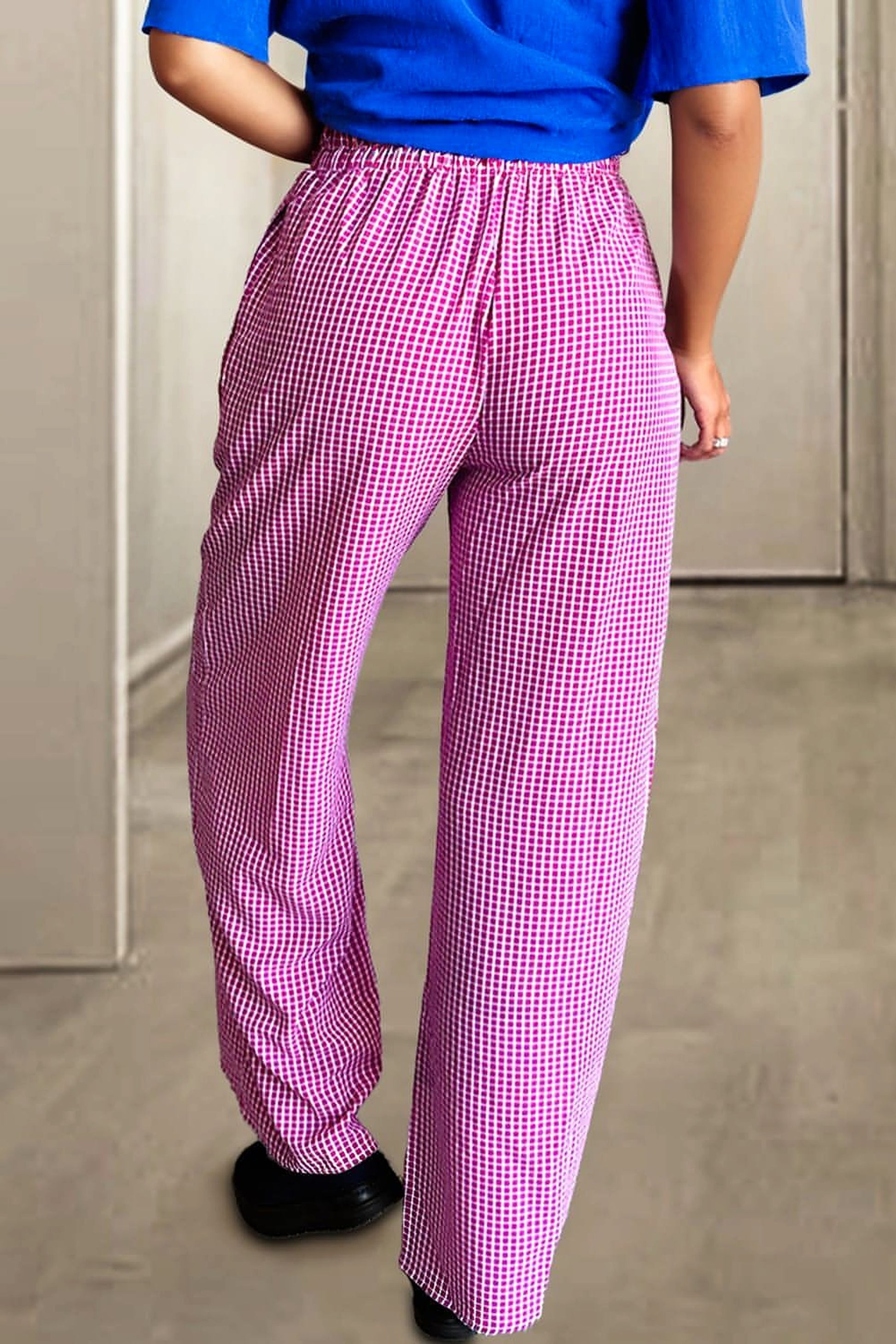 Pink Plaid Print Drawstring High Waist Wide Leg Casual Pants - enhanced image 11