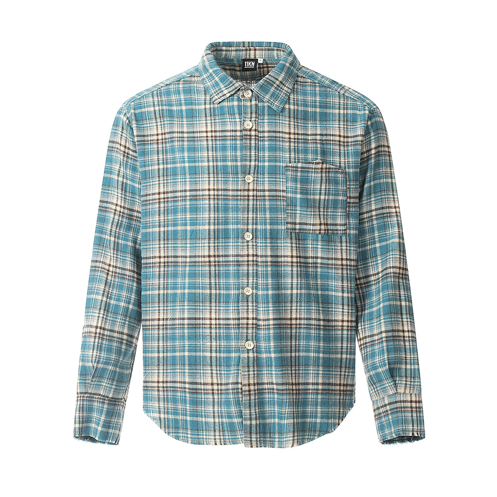 Plaid Long Sleeve DressShirt Casual Polo Collar Raw Edge Men - enhanced image 11