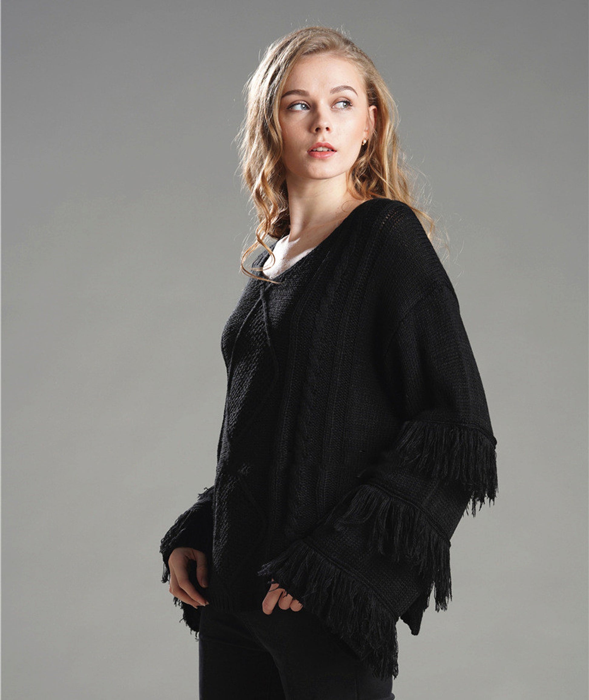 Pullover Loose Sweater Women Tassel Pure Color - enhanced image 11