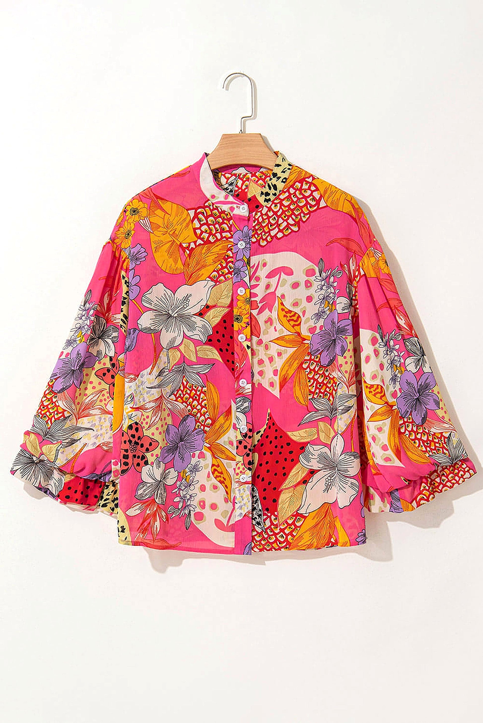 Red Abstract Floral Print Buttoned Ruffled Bubble Sleeve Shirt - enhanced image 11