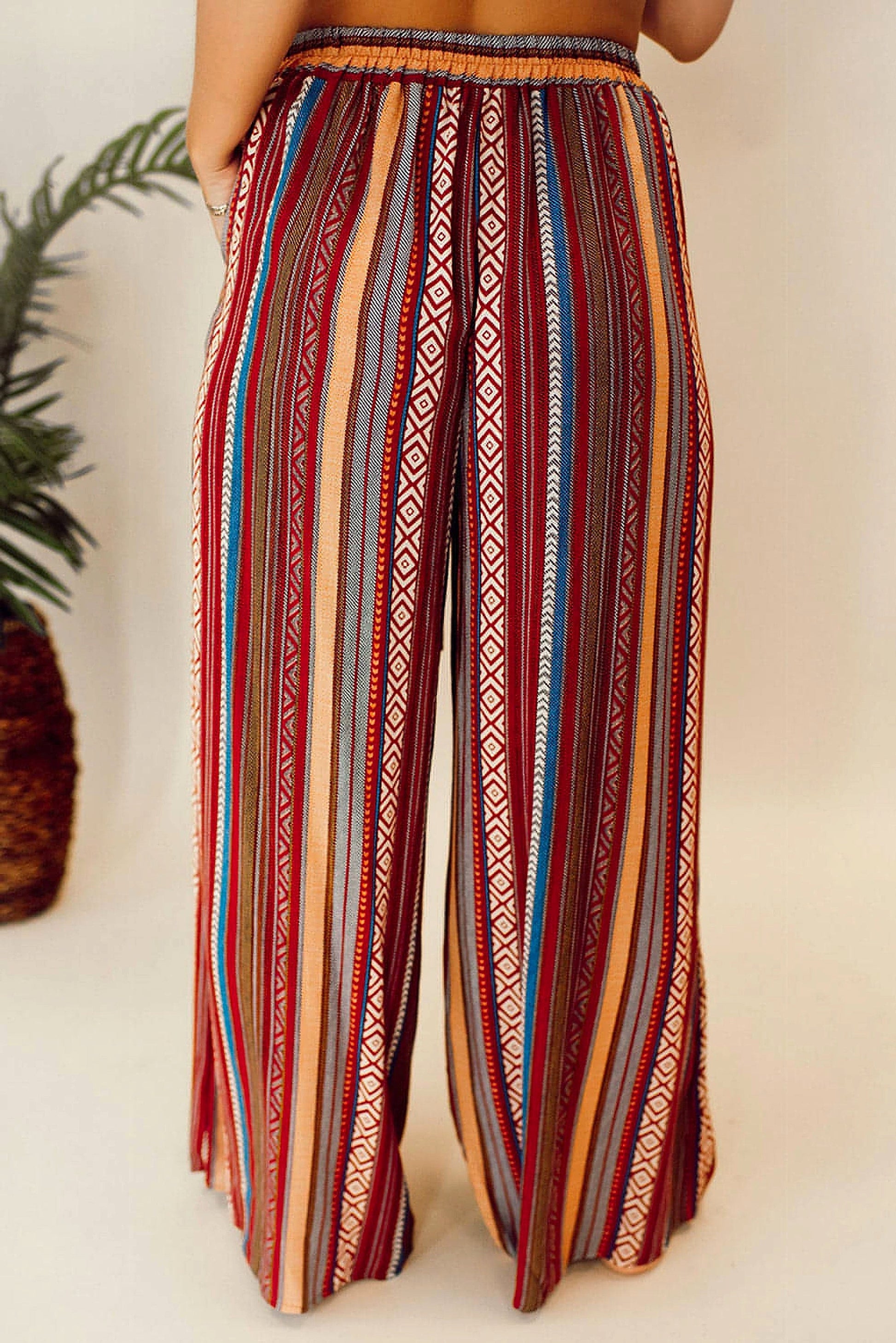 Red Boho Ethnic Striped Print Tie Waist Wide Leg Pants - enhanced image 11