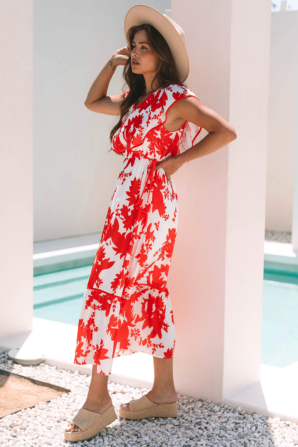 Red Floral Print Trimmed V Neck Ruffle Sleeve Long Dress - enhanced image 11