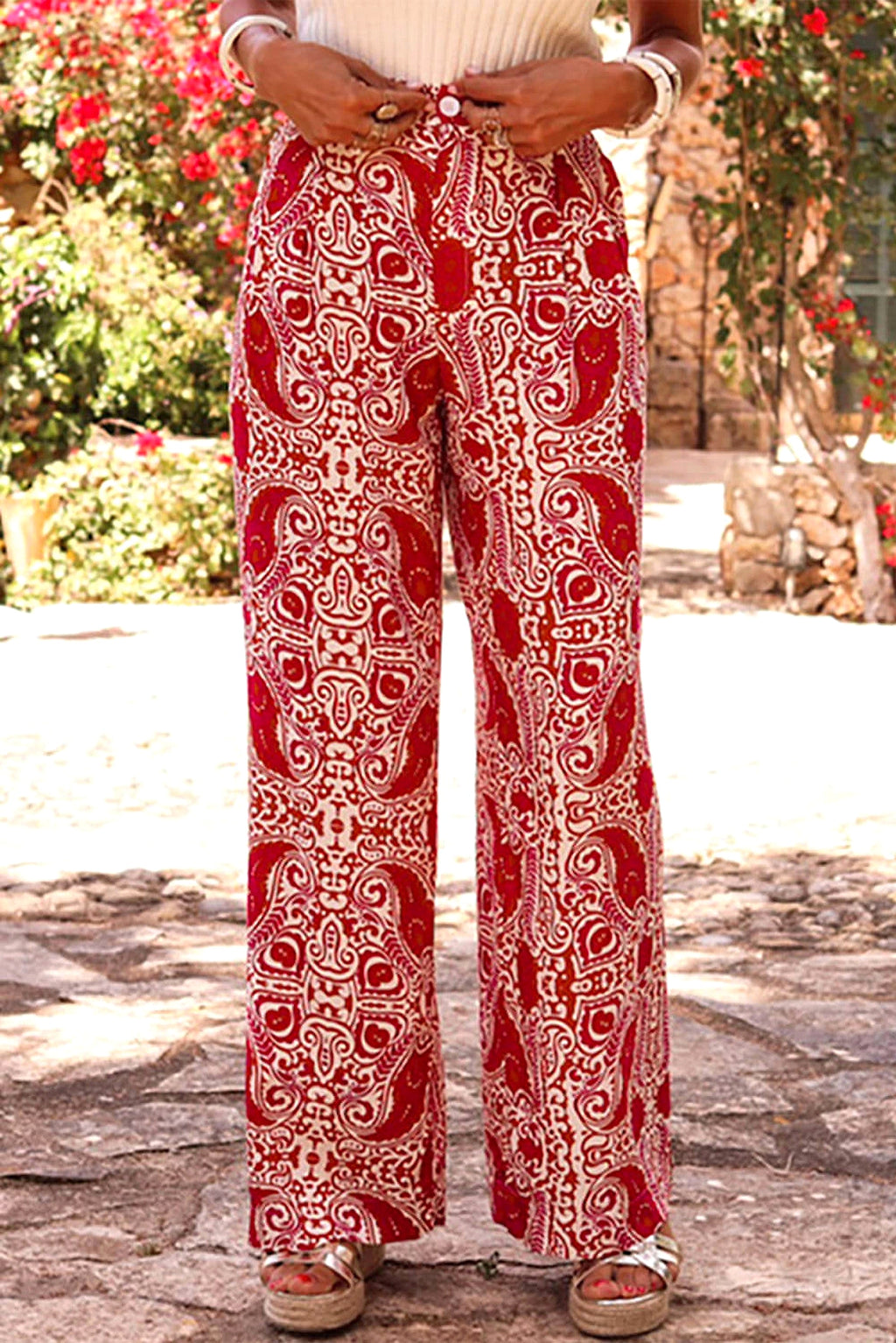 Red Paisley Printed Buttoned High Waist Straight Leg Pants - enhanced image 11