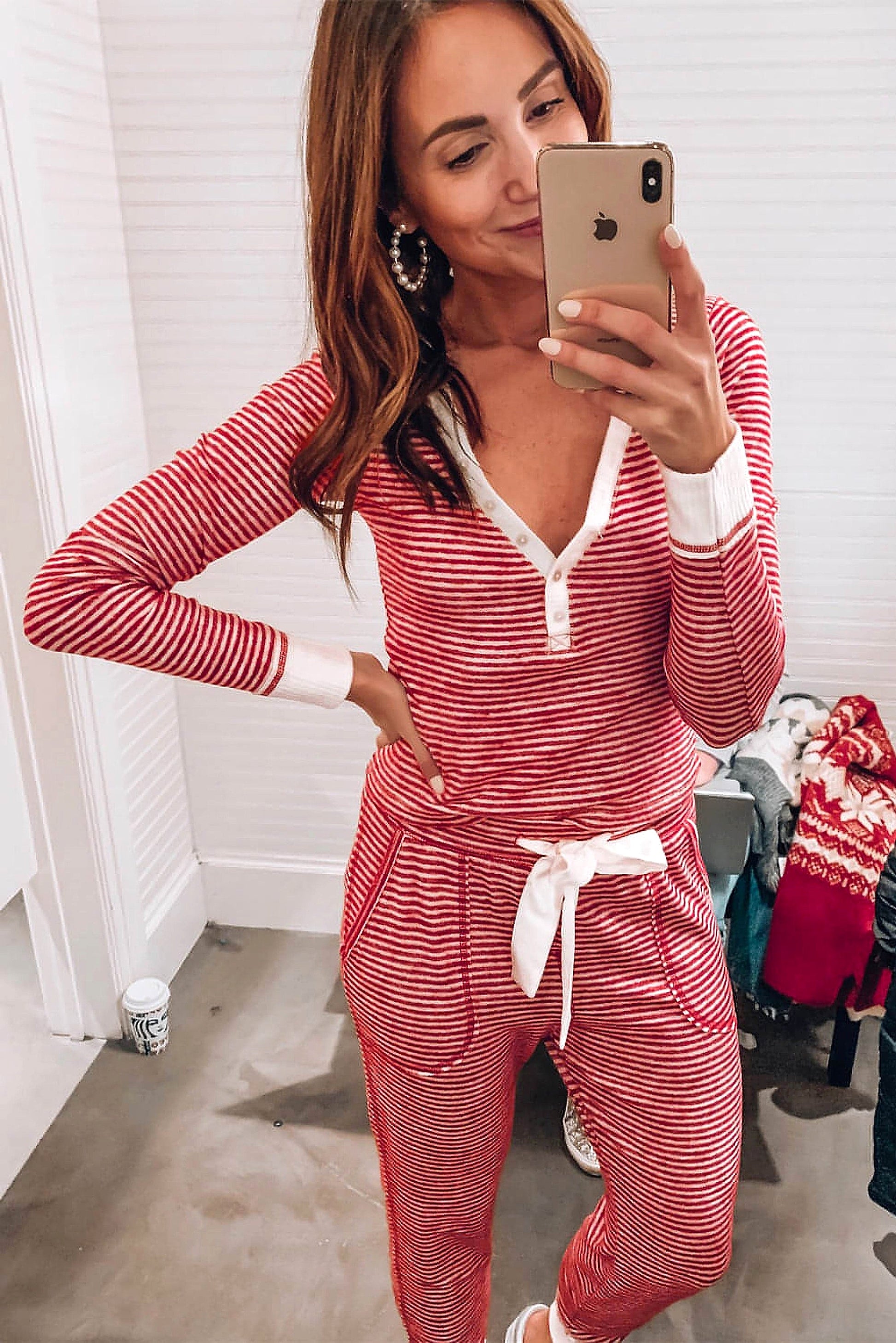 Red Stripe Buttoned V Neck Top and Knotted Waist Pants Lounge Set - enhanced image 11