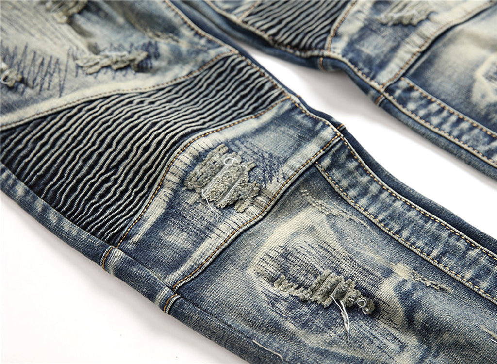 Retro Crumpled Hole Patch Elastic Straight Skinny Jeans - enhanced image 11