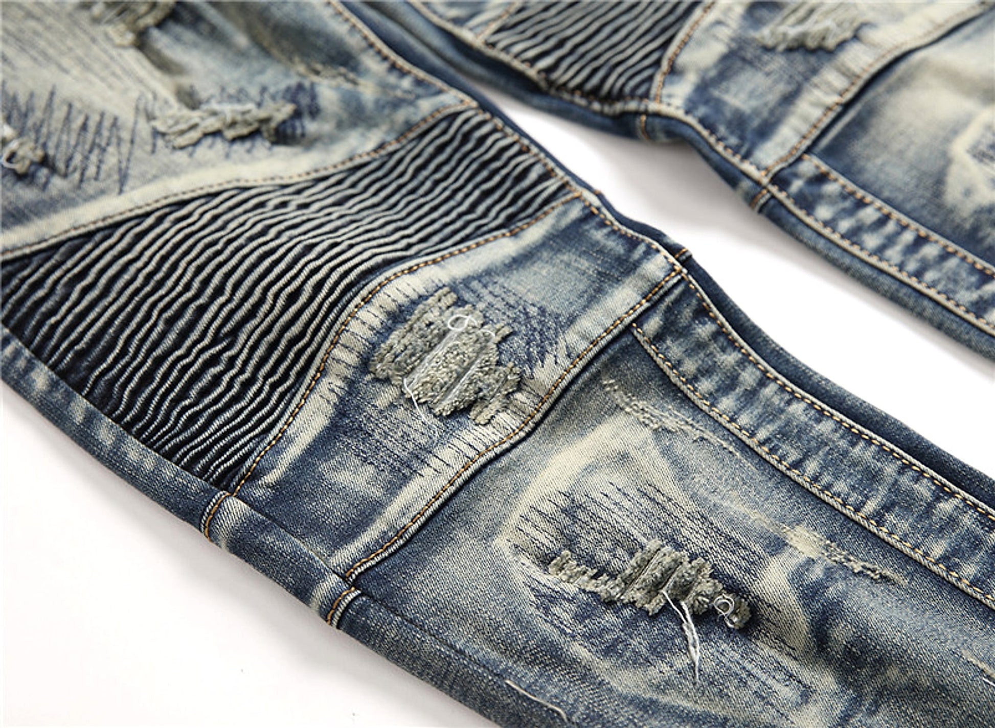 Retro Crumpled Hole Patch Elastic Straight Skinny Jeans - enhanced image 11