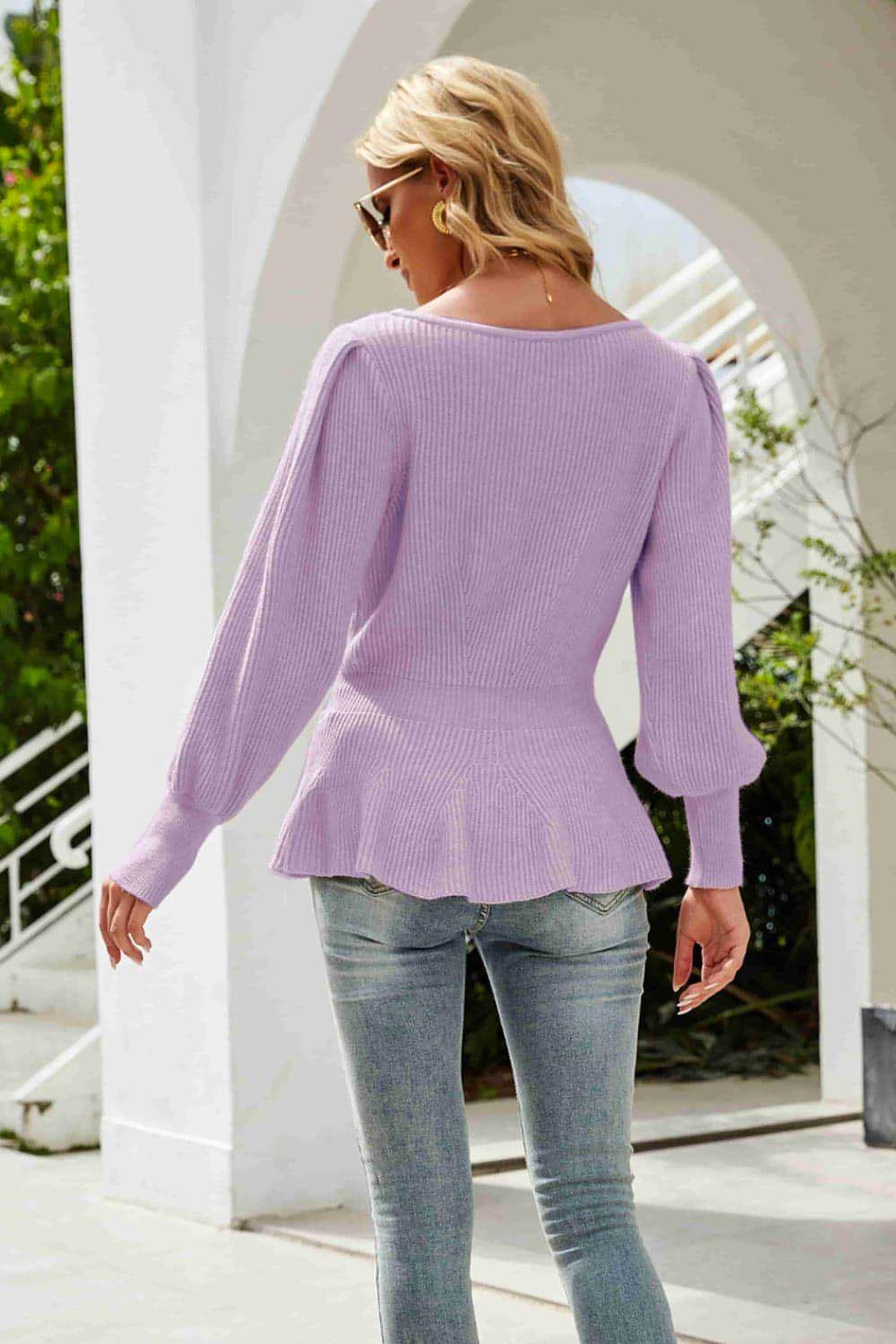 Ribbed Round Neck Lantern Sleeve Sweater - enhanced image 11