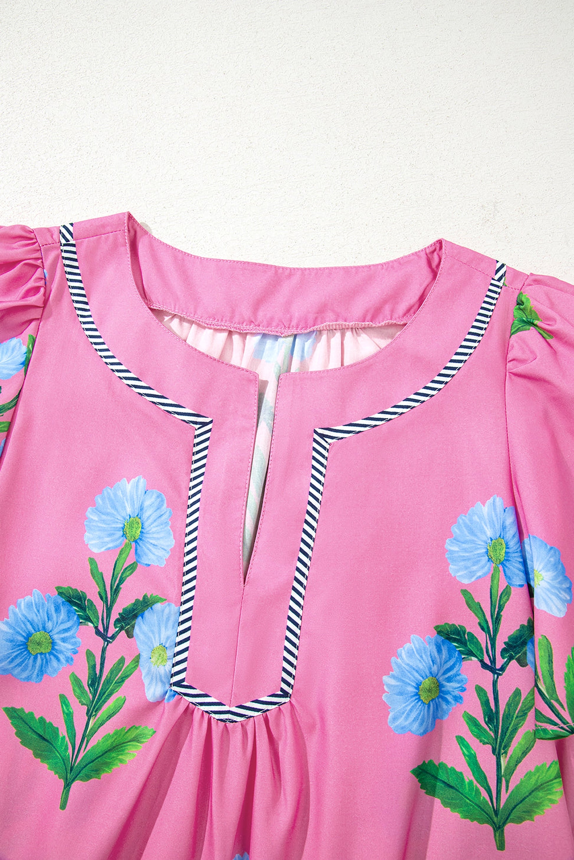 Rose Floral Short Sleeve Split Neck Loose Mini Dress - enhanced image 11