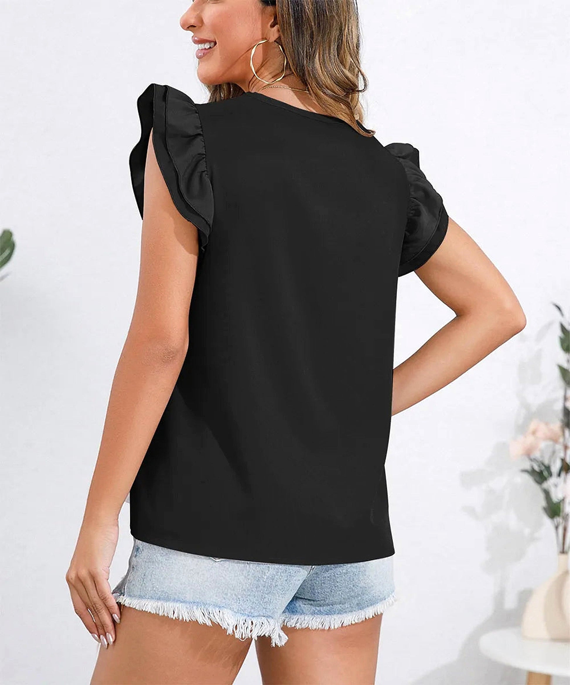 Ruffle Cap Sleeve Round Neck Blouse - enhanced image 11