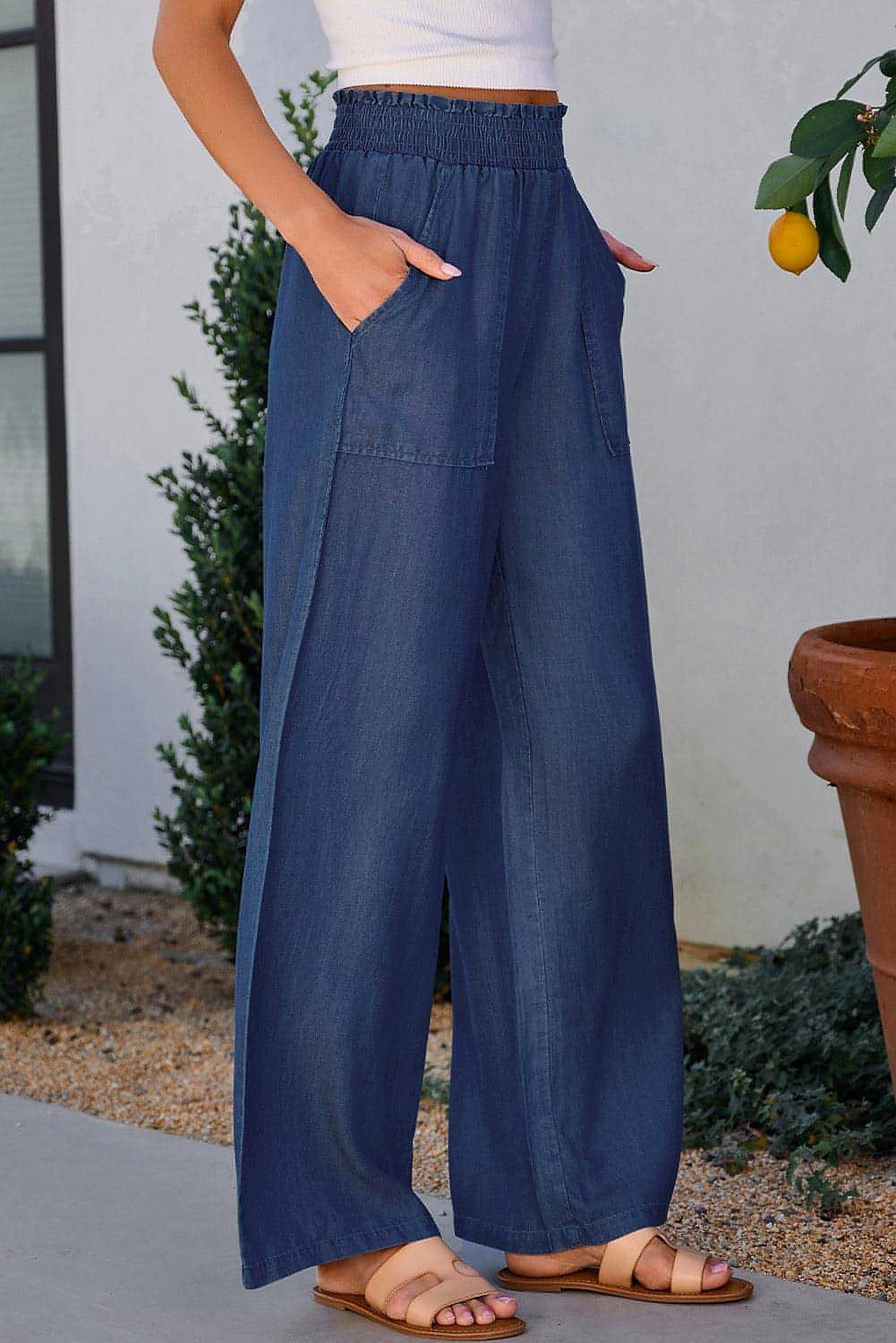 Sail Blue Side Pockets Frilled Smocked High Waist Wide Leg Jeans - enhanced image 11
