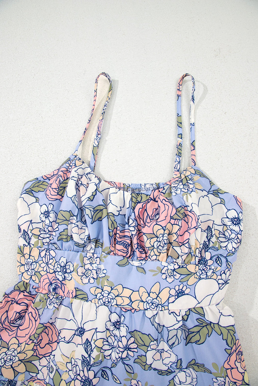 Sky Blue Floral Tiered Patchwork Spaghetti Strap Vacation Dress - enhanced image 11