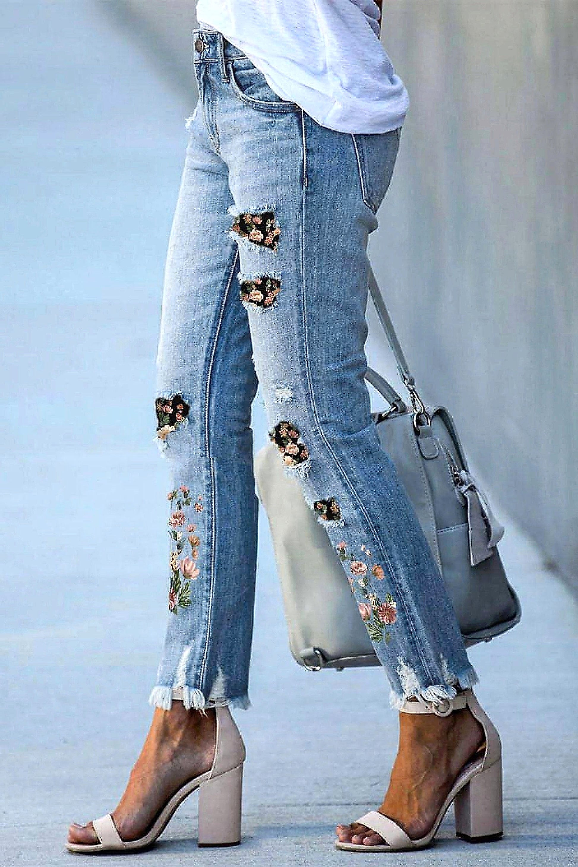 Sky Blue Printed Patch Ripped Skinny Jeans - enhanced image 11