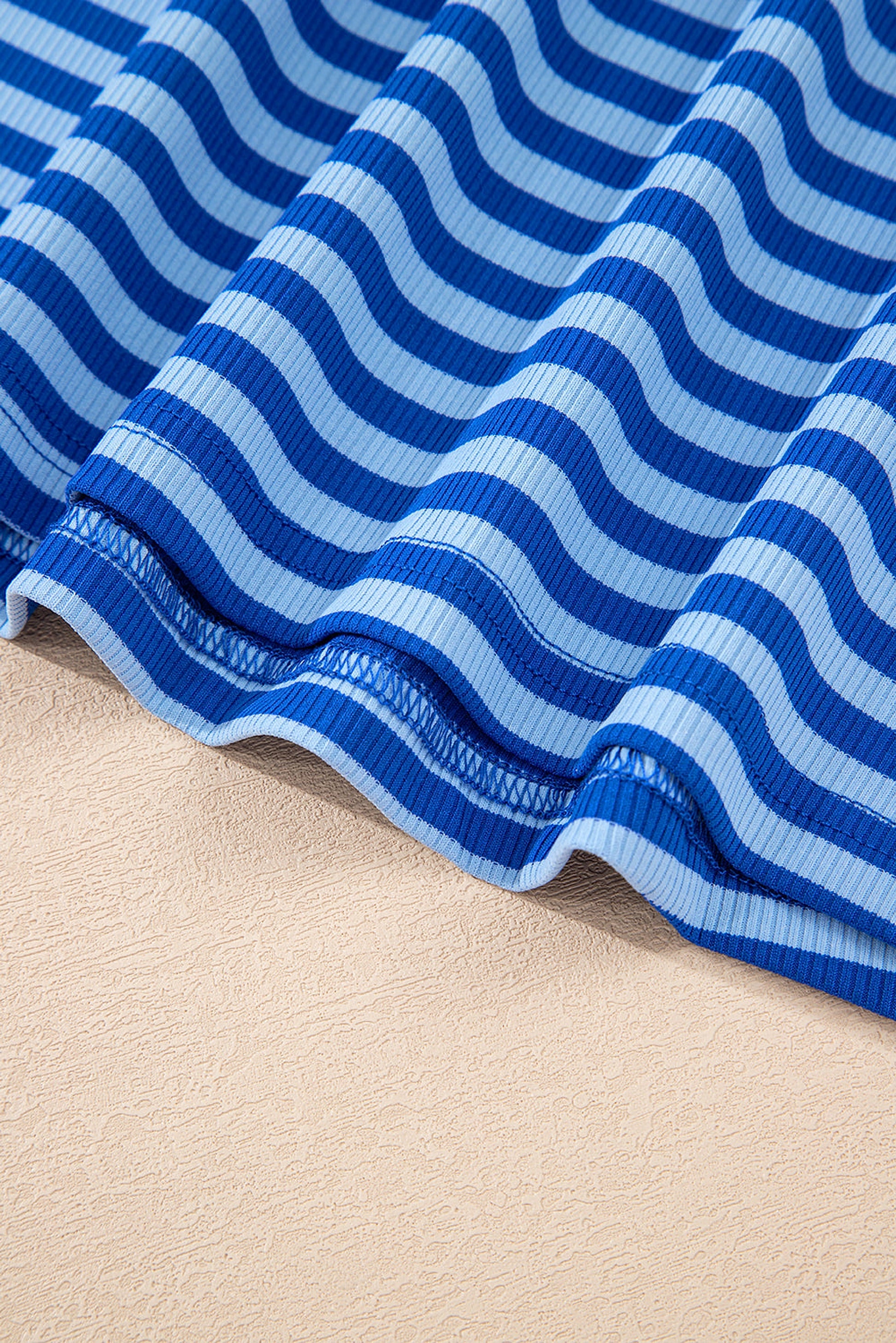 Sky Blue Stripe Ribbed Cap Sleeve Round Neck T Shirt - enhanced image 11