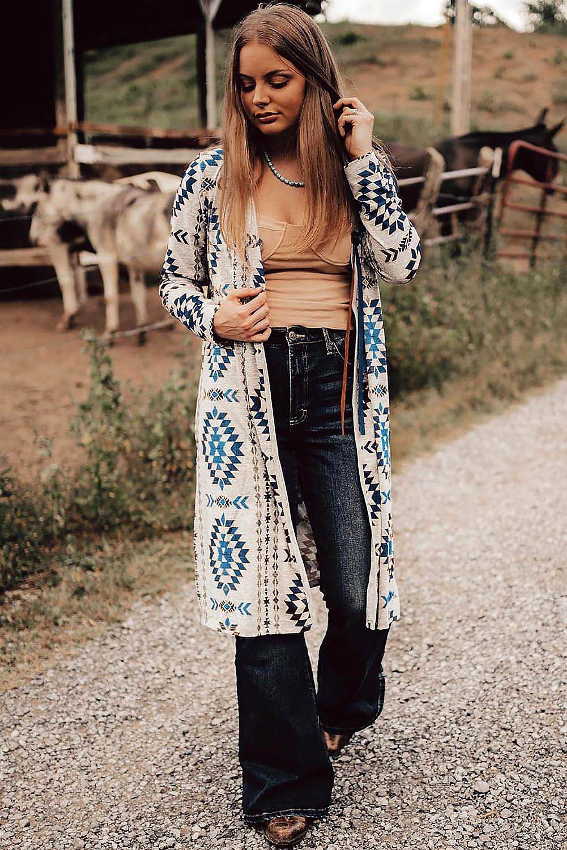 Sky Blue Western Aztec Printed Open Front Long Cardigan - enhanced image 11