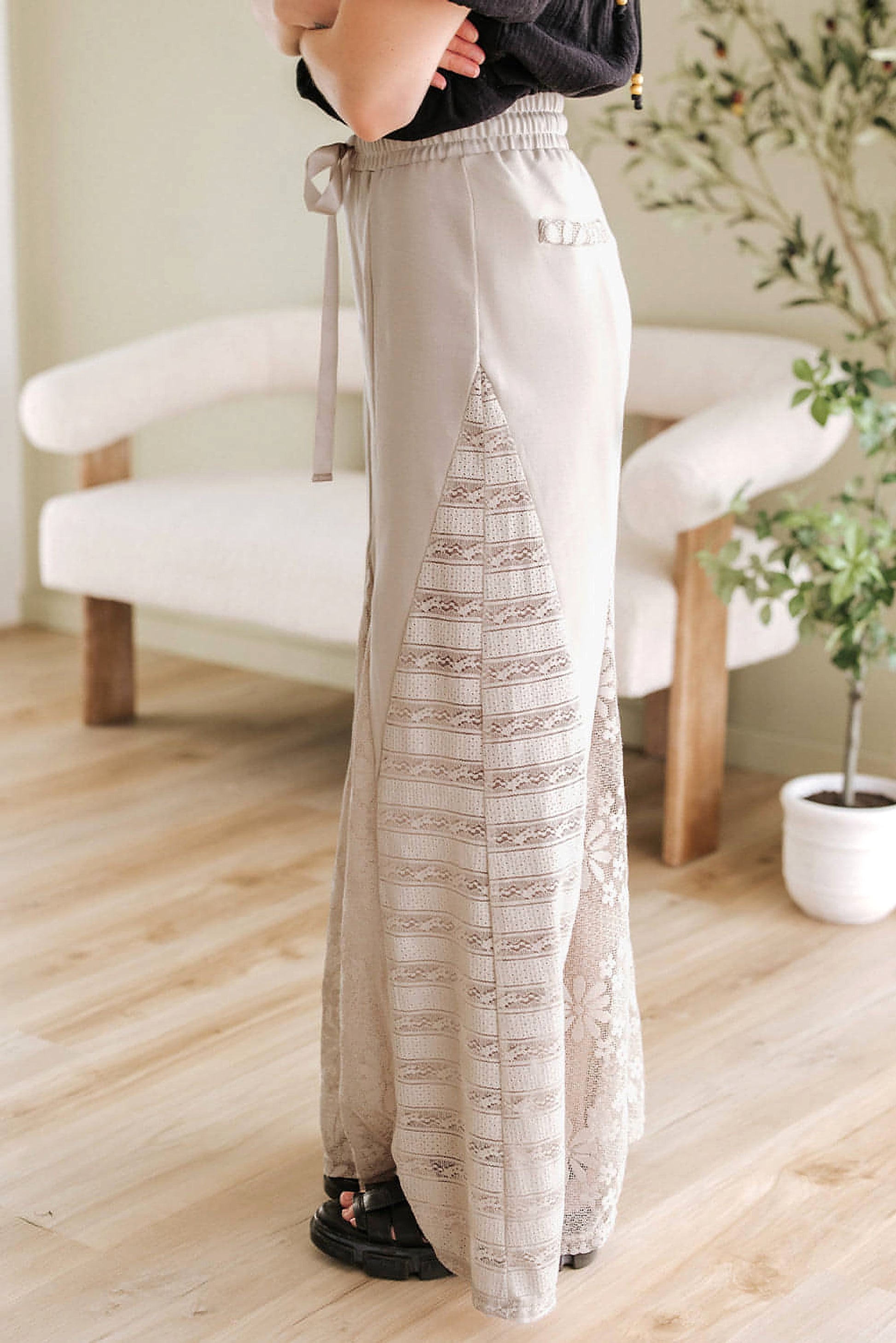Smoke Gray Boho Lace Patchwork Wide Leg High Waist Pants - enhanced image 11