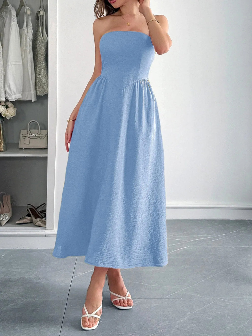Strapless A-Line Midi Dress with Pockets - enhanced image 11