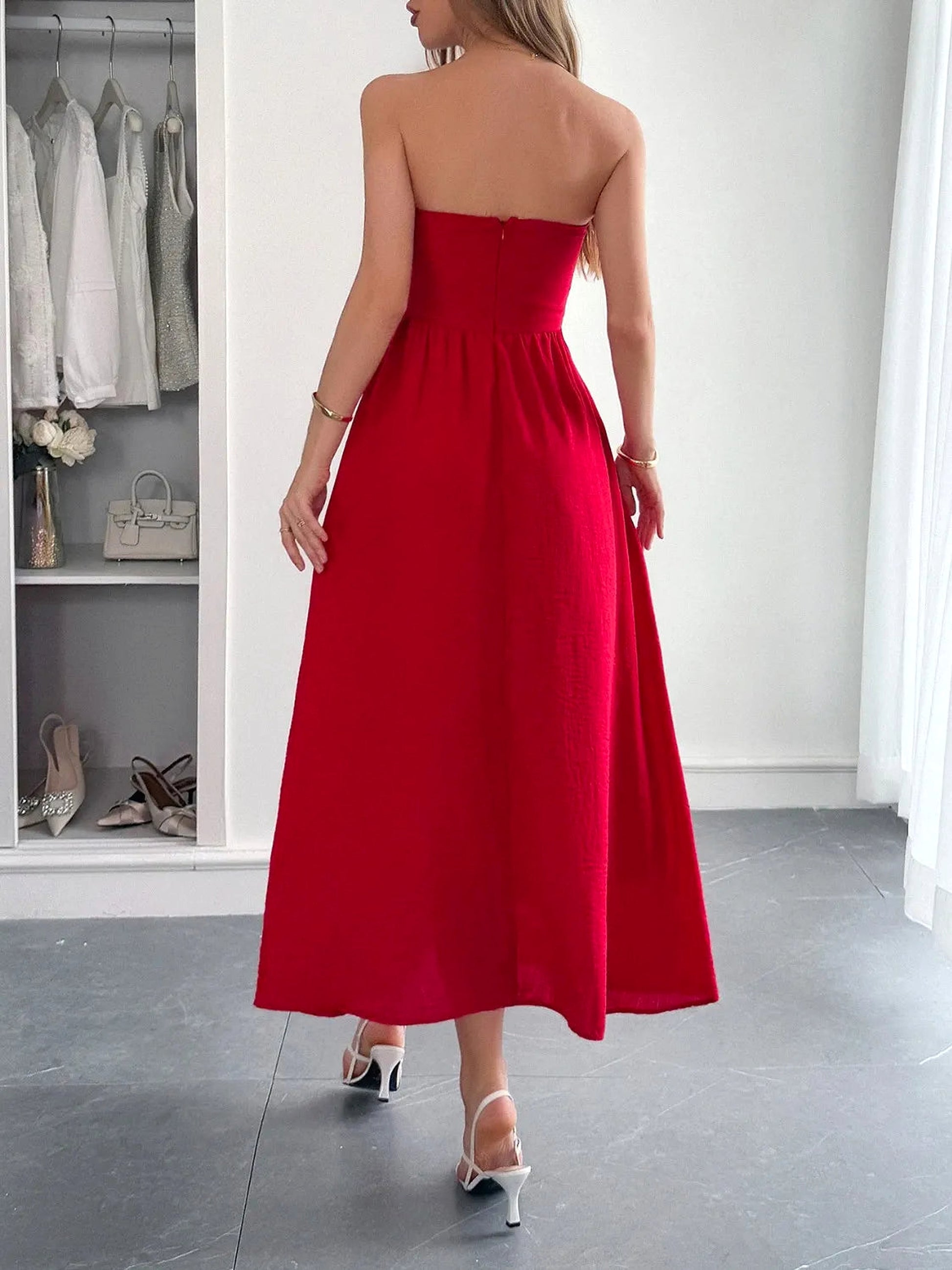 Strapless A-Line Midi Dress with Pockets - enhanced image 11