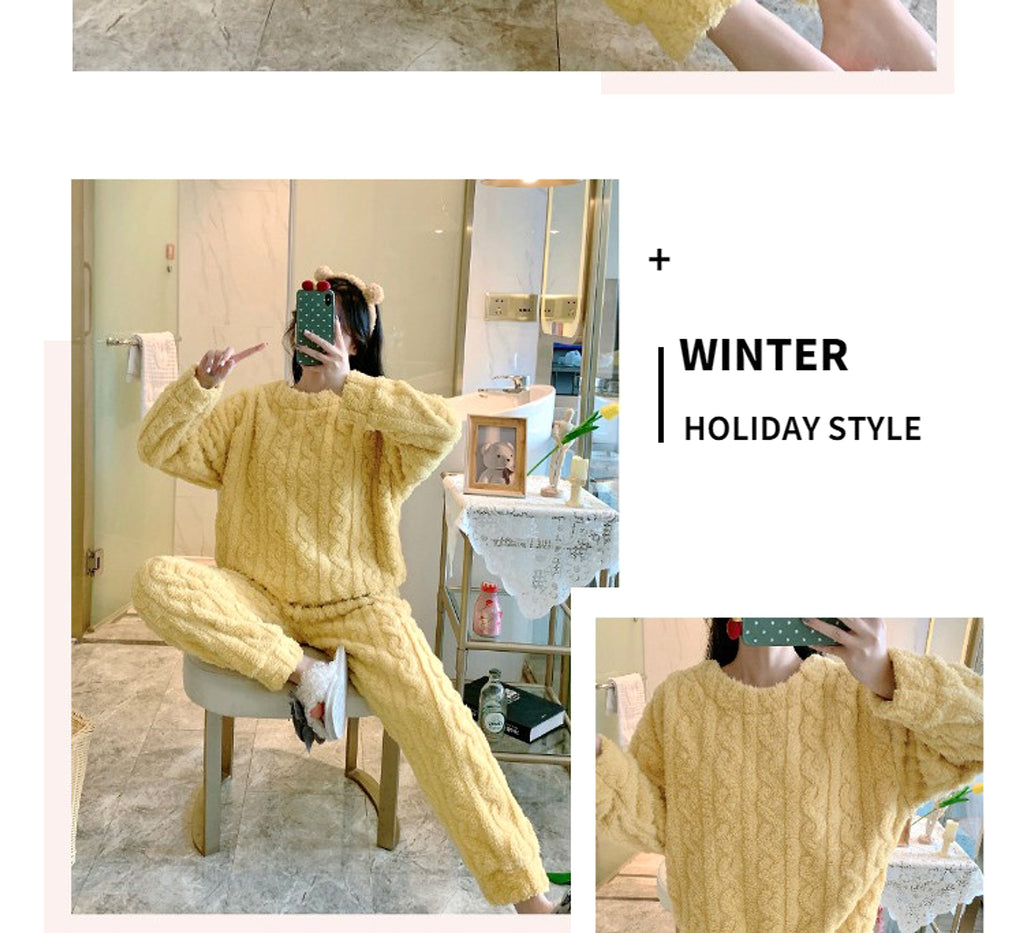Thick Fleece Pajamas Women's Thermal Round-neck Flannel Homewear Suit - enhanced image 11