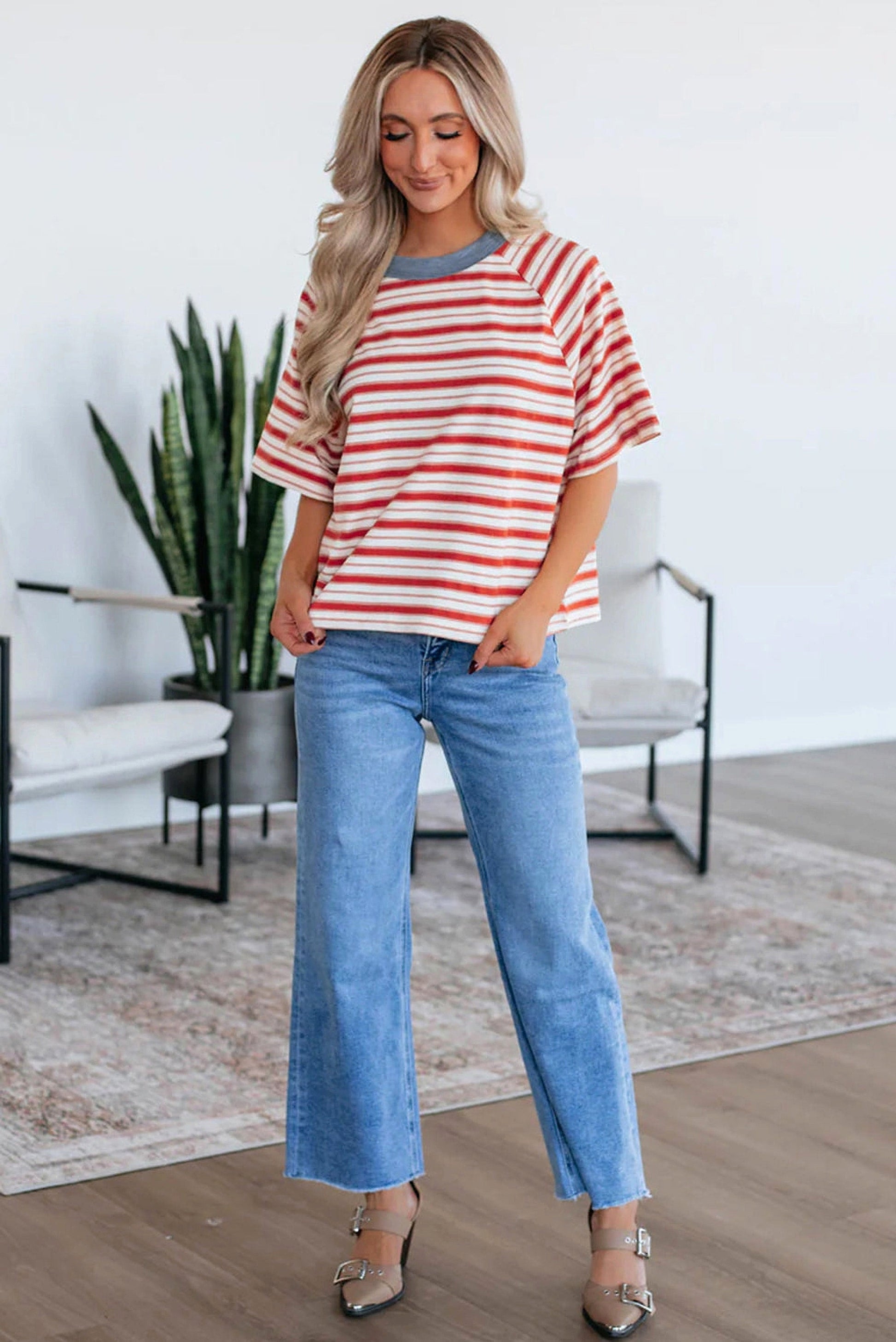 Tomato Red Stripe Print Contrast Collar Raglan Sleeve T Shirt - enhanced image 11