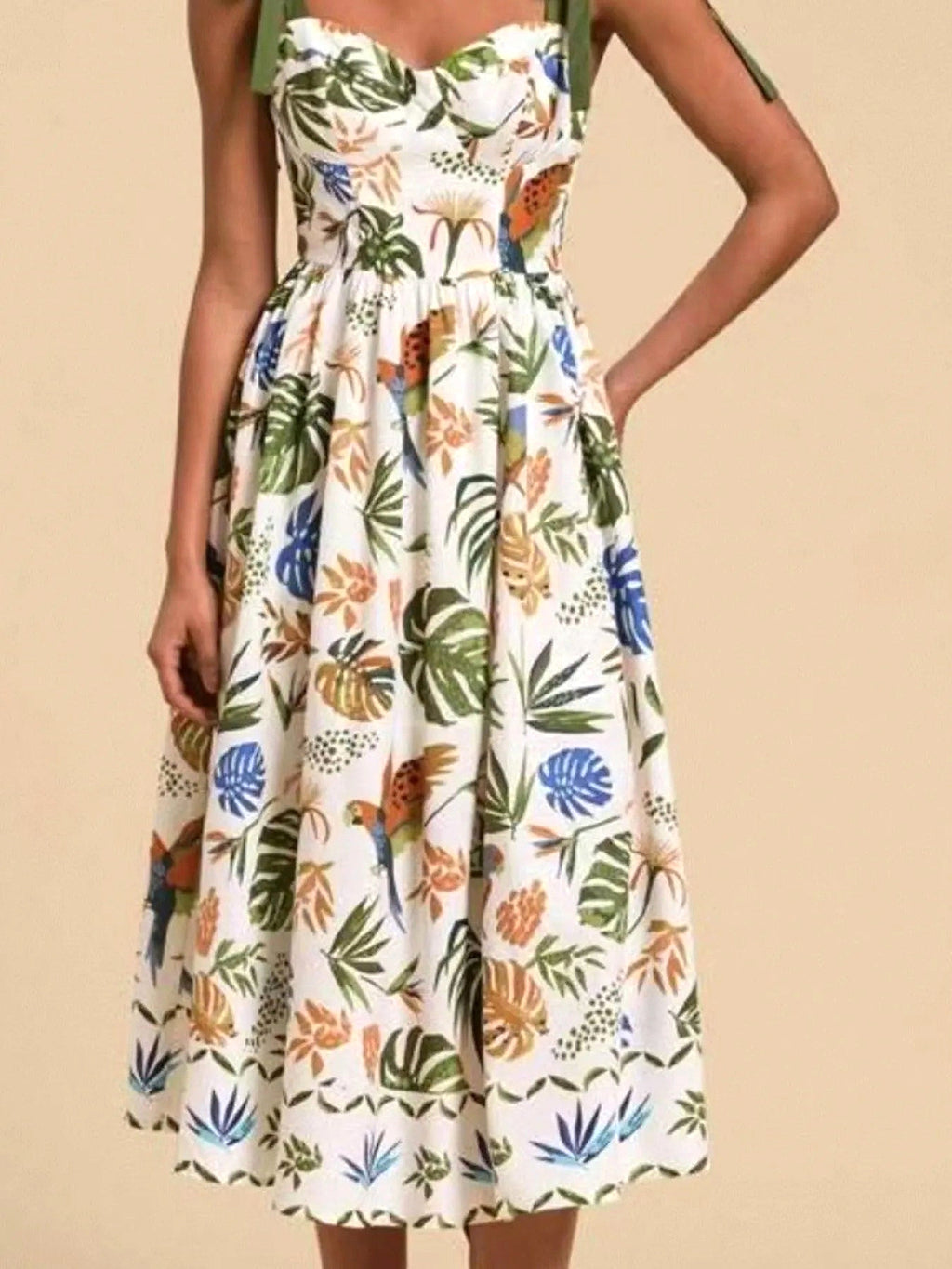 Tropical Print Tie-Shoulder Sweetheart Neck Midi Dress - enhanced image 11