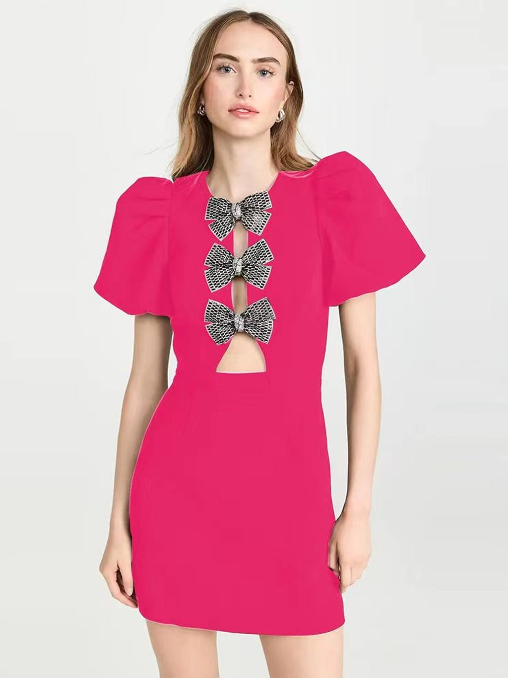 A1. Tube Top Three Bowknot Connection Hollowed Fashion Puff Sleeve Sheath Bandage One-piece Dress - enhanced image 11