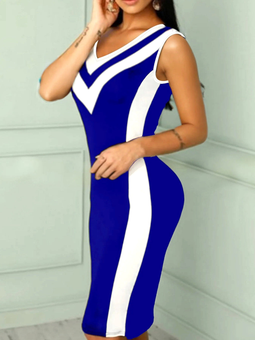 V-Neck Colorblock Sleeveless Bodycon Dress - enhanced image 11
