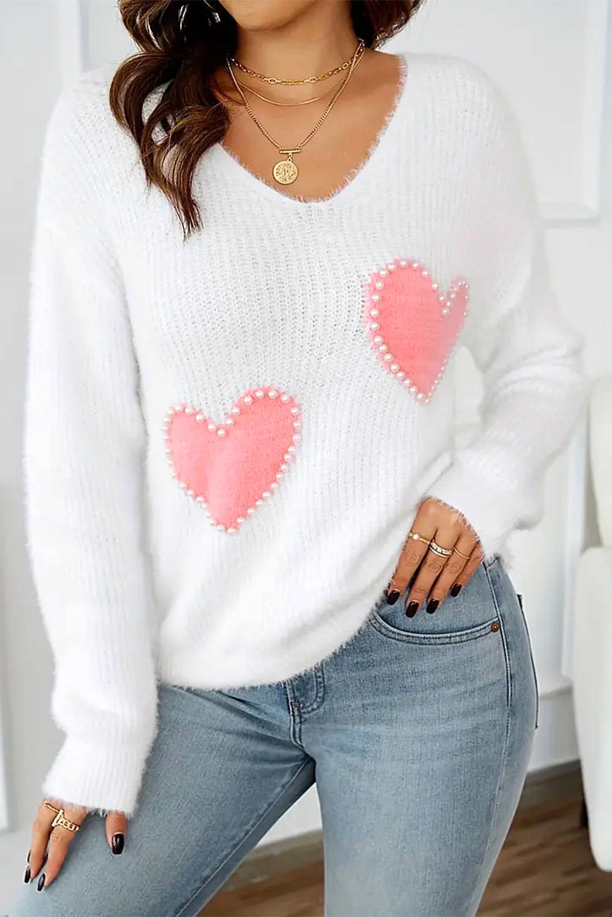 White Pearl Beaded Heart Pattern Fuzzy V Neck Sweater - enhanced image 11