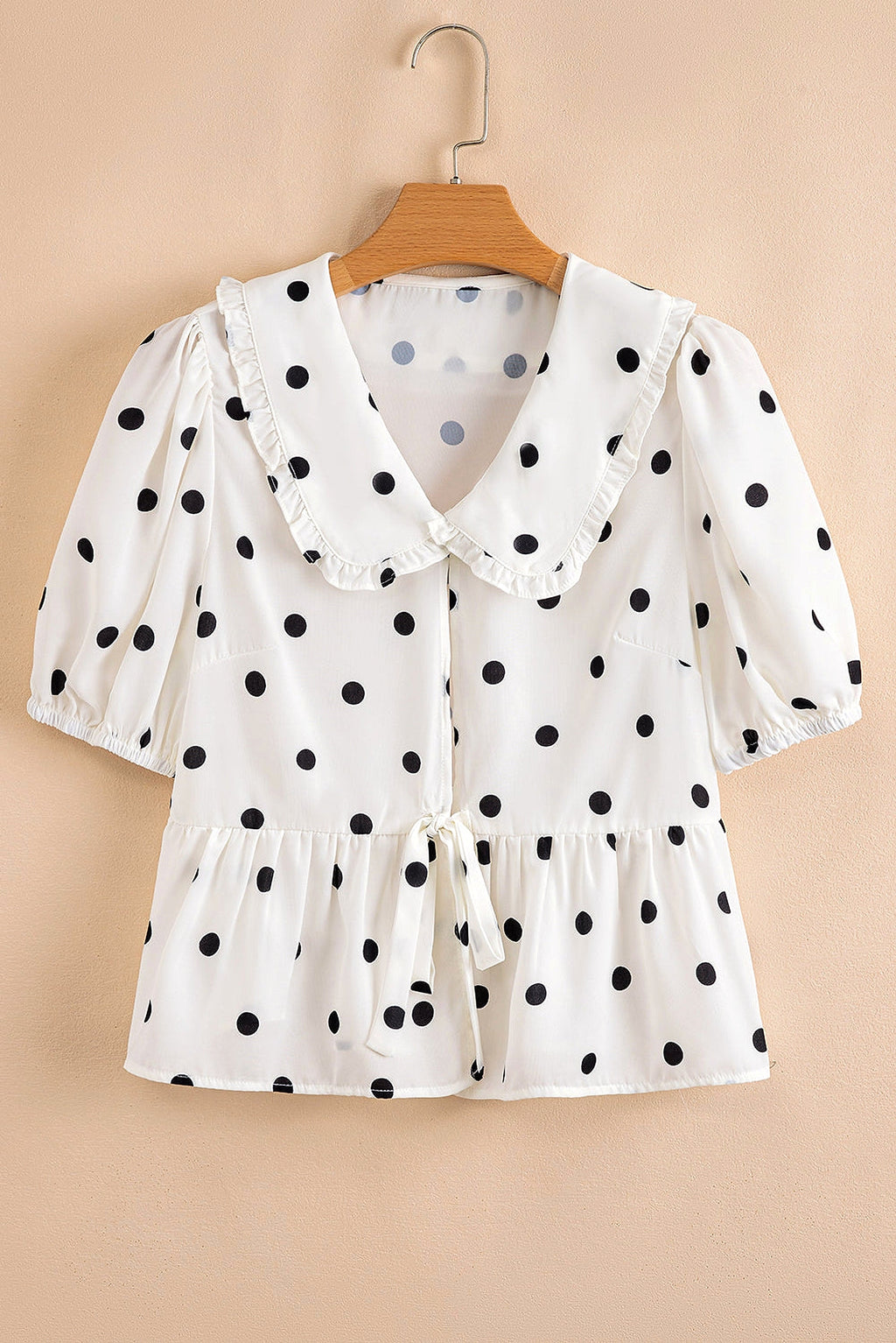White Polka Dot Collared Lace up Font Puff Sleeve Peplum Top - enhanced image 11