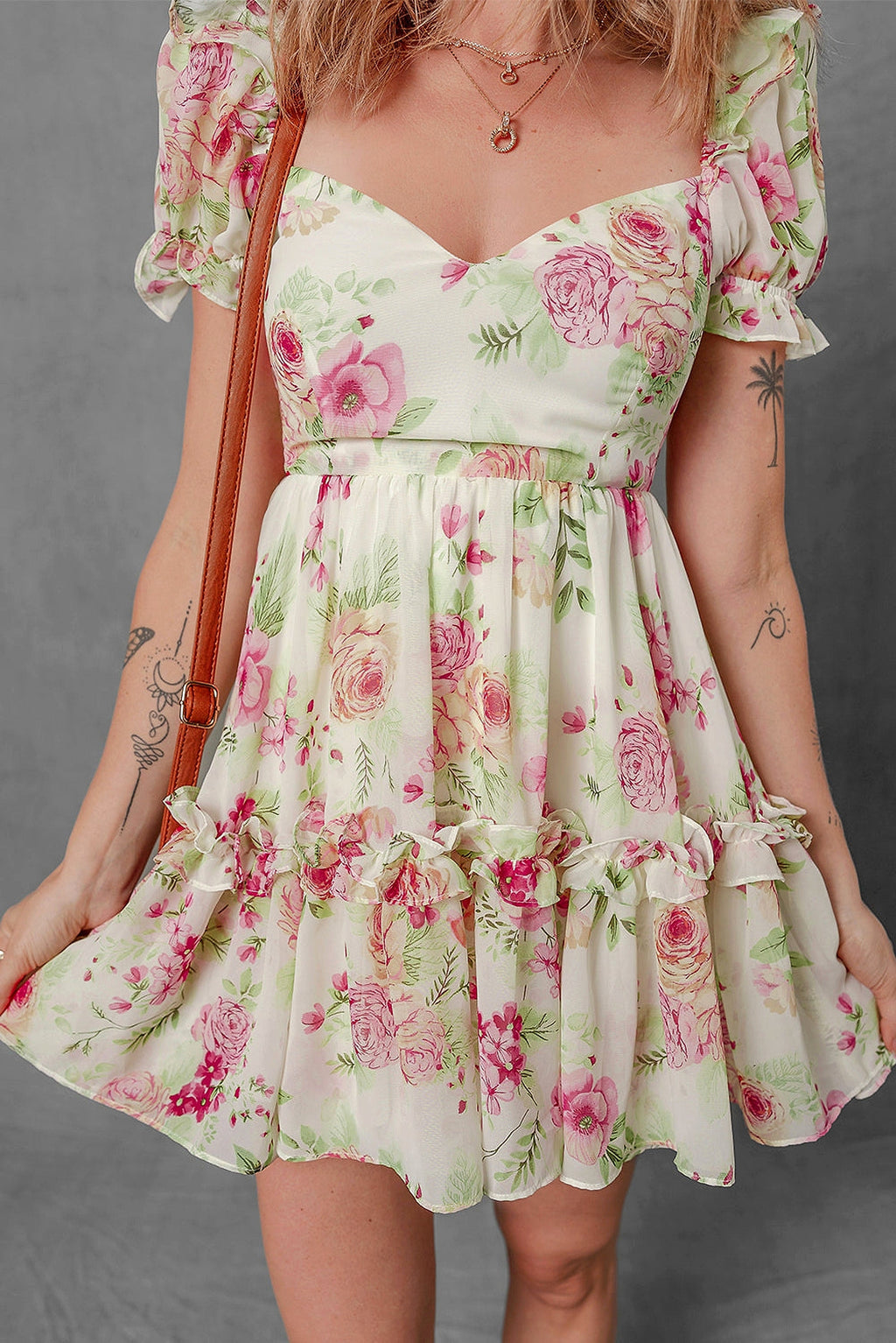 White Vibrant Floral Bubble Sleeve Sweetheart Neck Ruffle Mini Dress - enhanced image 11