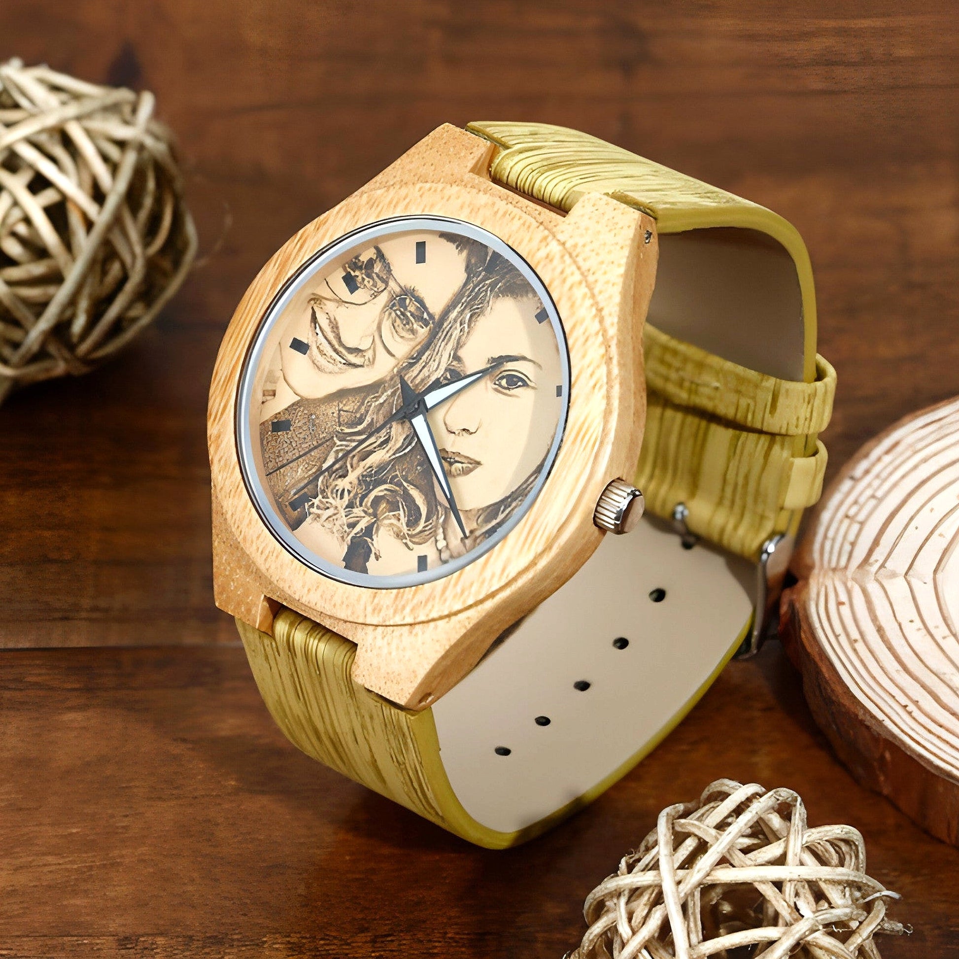 Engraved Bamboo Photo Watch Wooden Leather Strap 40mm - enhanced image 11