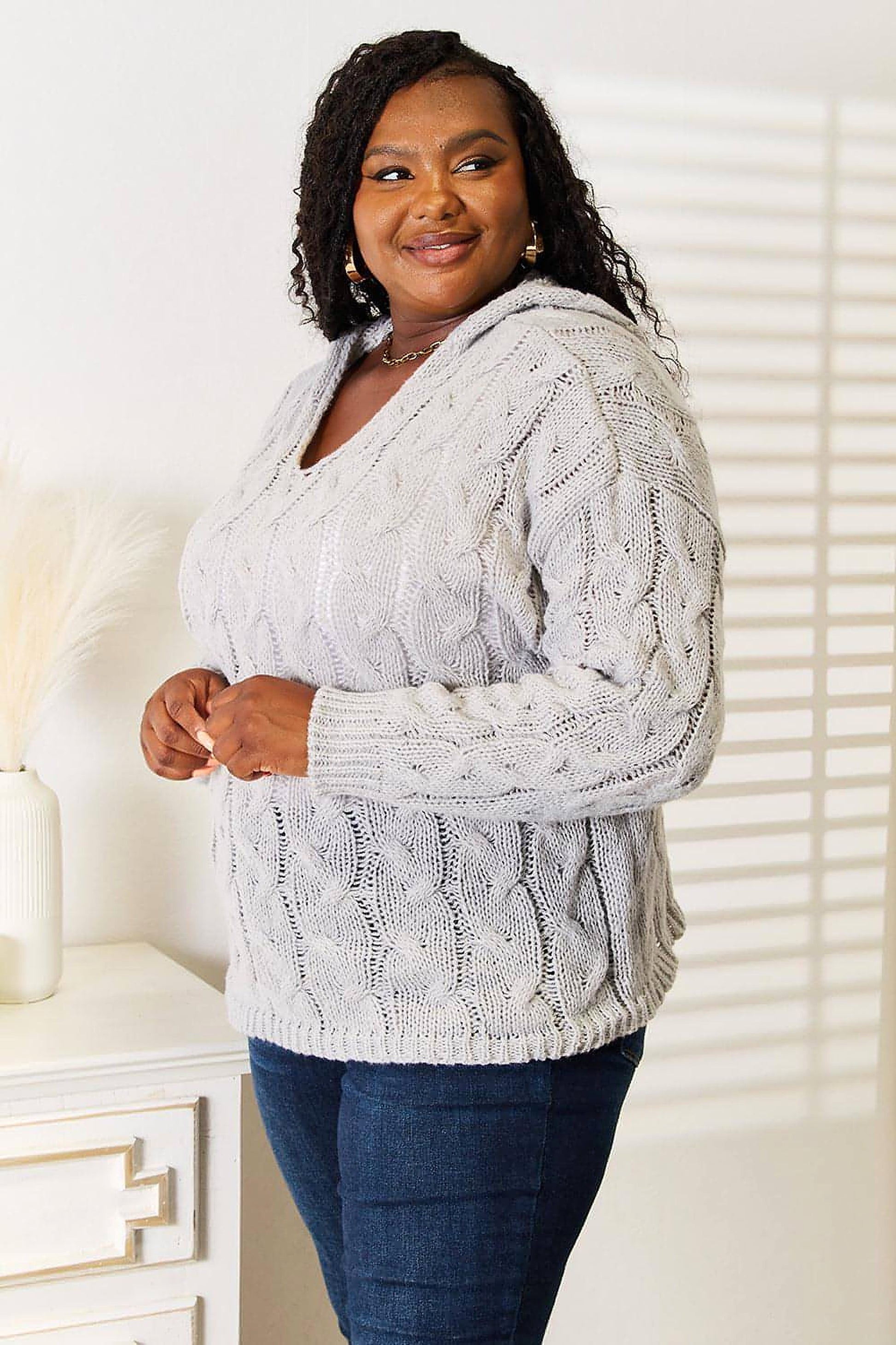Woven Right Cable-Knit Hooded Sweater. - enhanced image 11