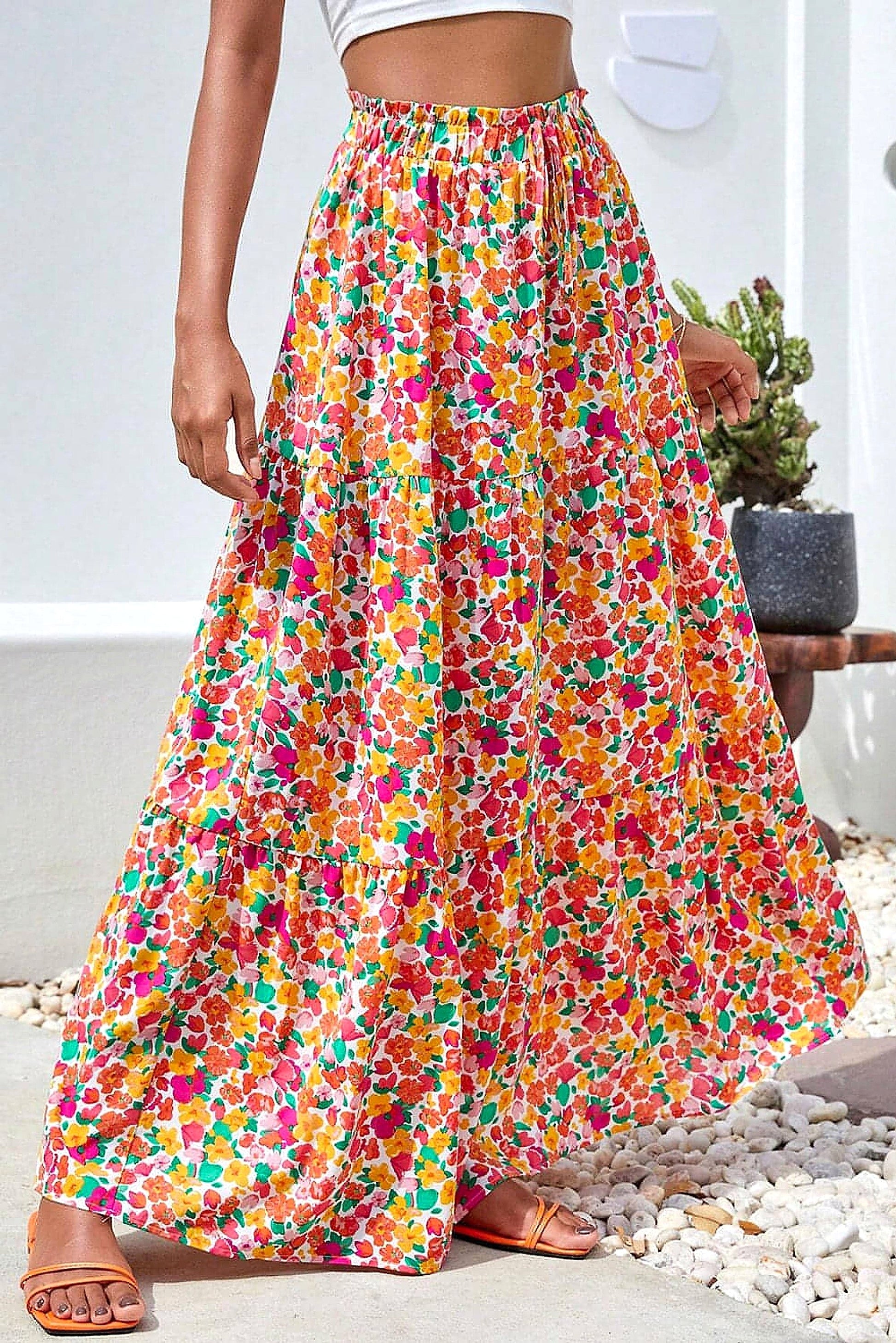 Yellow Boho Floral Print Tiered Long Skirt - enhanced image 11