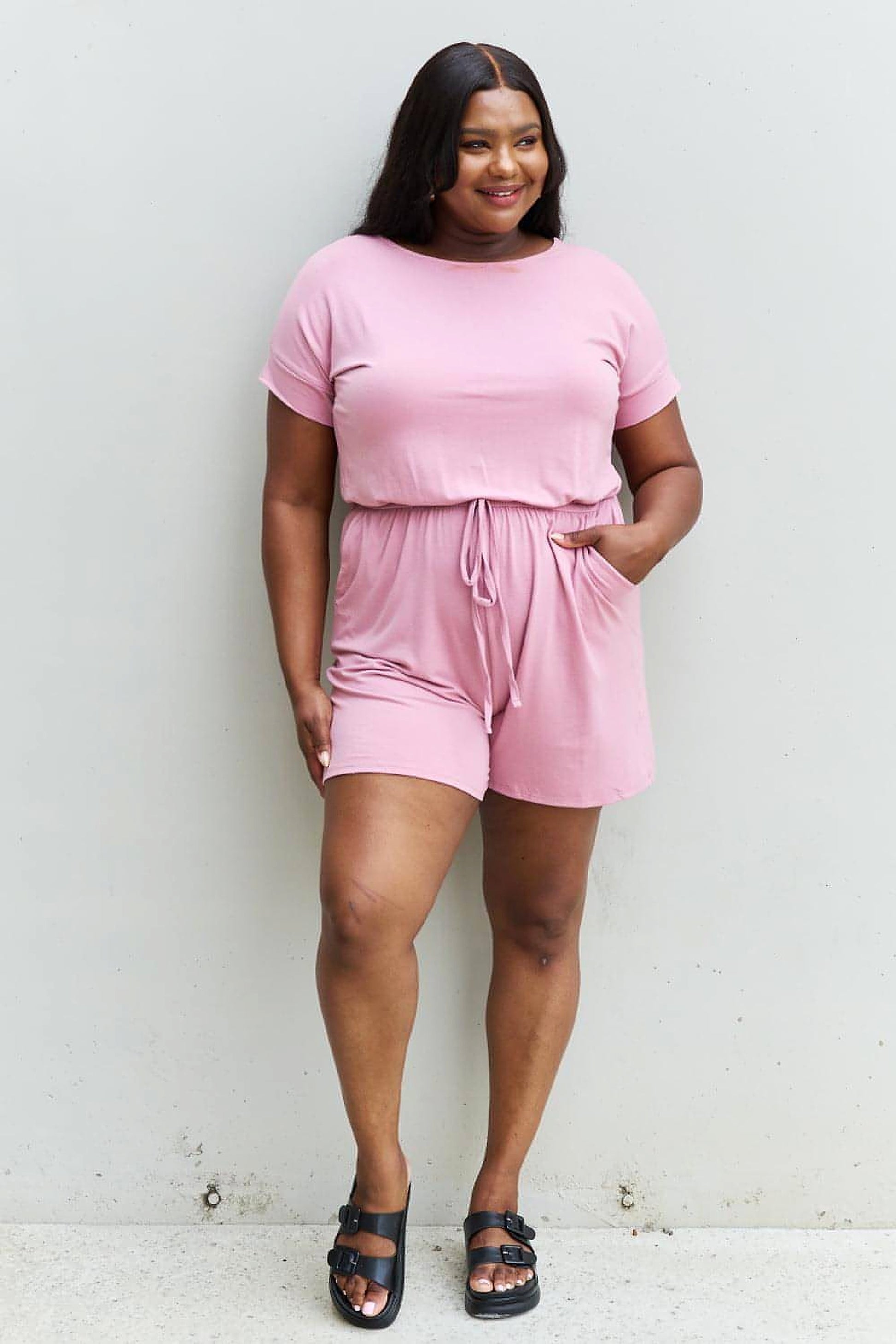 Zenana Chilled Out Full Size Short Sleeve Romper in Light Carnation Pink - enhanced image 11