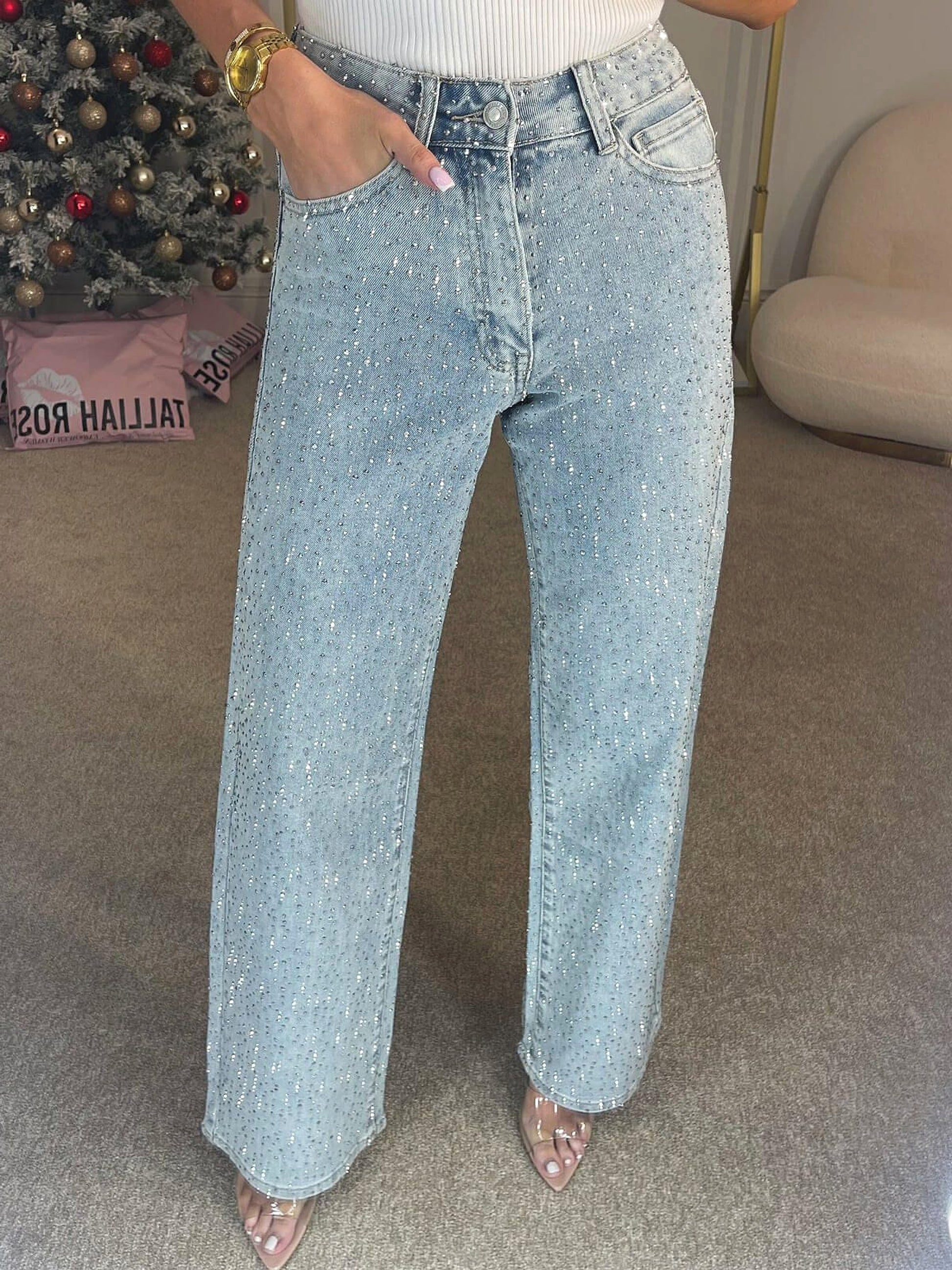 25 Edition – Women’s High Waist Straight Street Jeans with Glitter Details - enhanced image 12