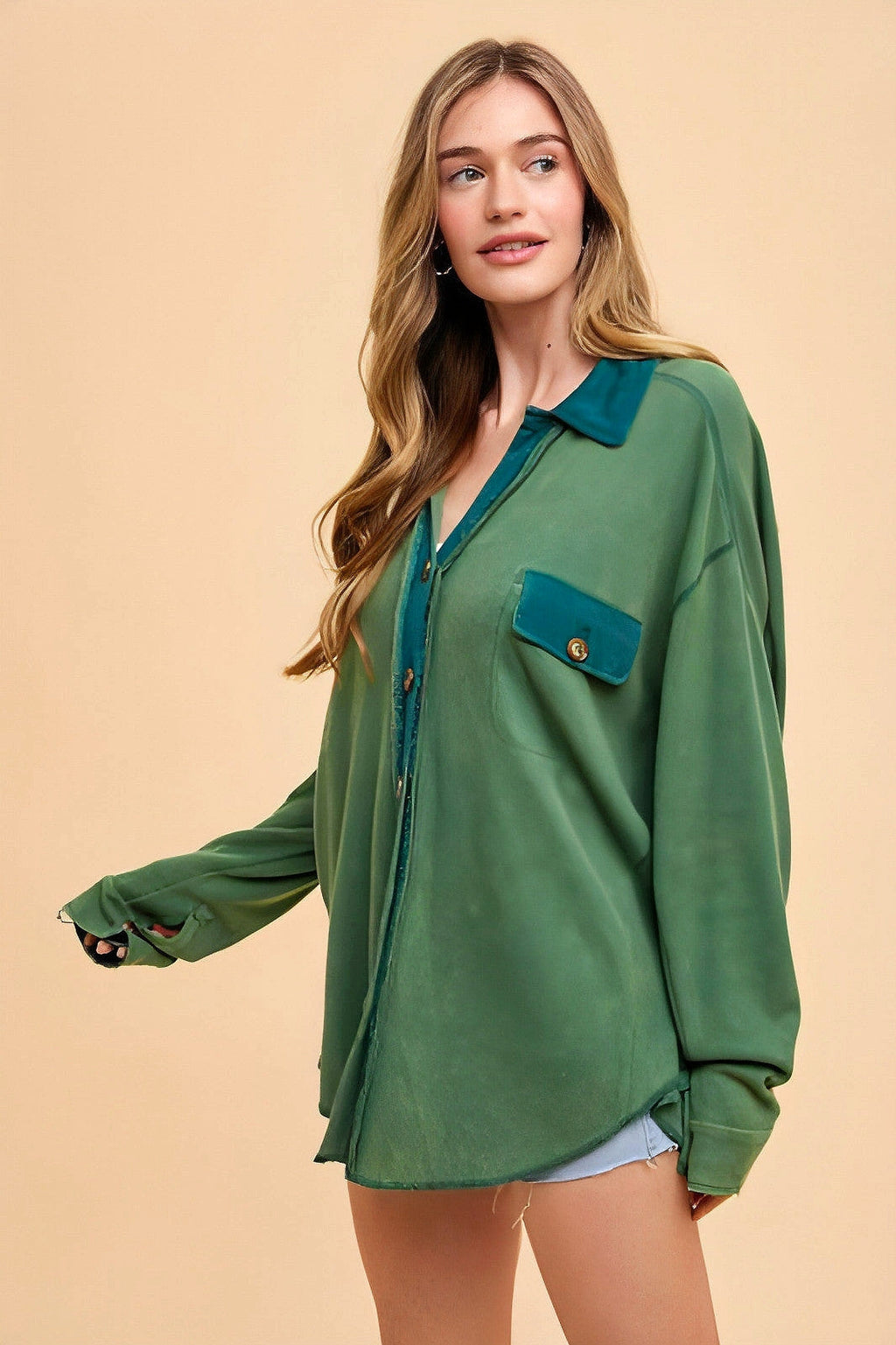 Annie Wear Waffle-Knit Mineral Washed Button Down Shirt - enhanced image 12