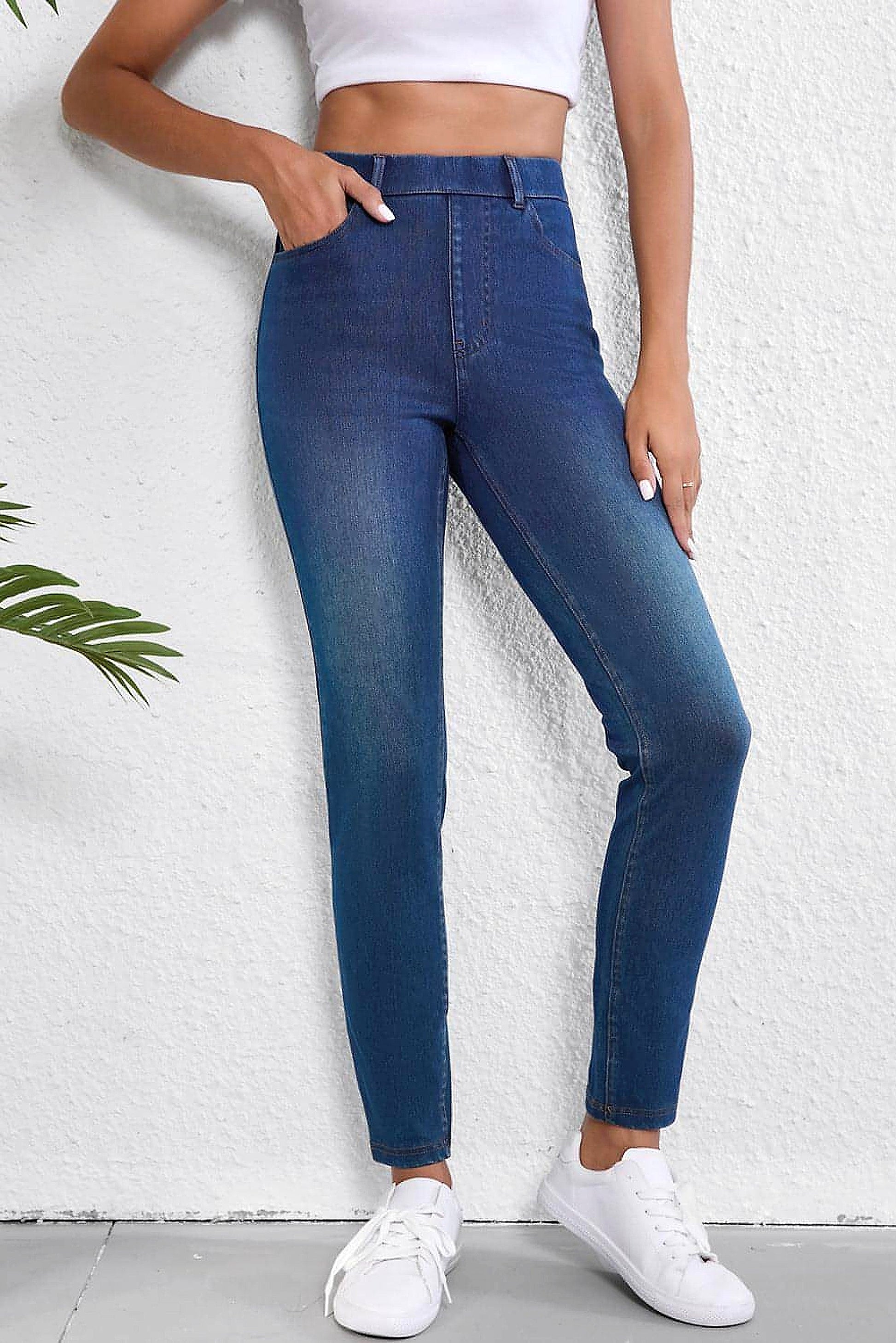 Ashleigh Blue Multiple Pockets Straight Leg Washed Stretchy Knit Casual Jeans - enhanced image 12