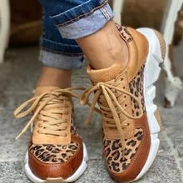 Autumn New High-top Leopard Print Flat-heeled Platform Lace Color Block Casual Women's Shoes - enhanced image 12