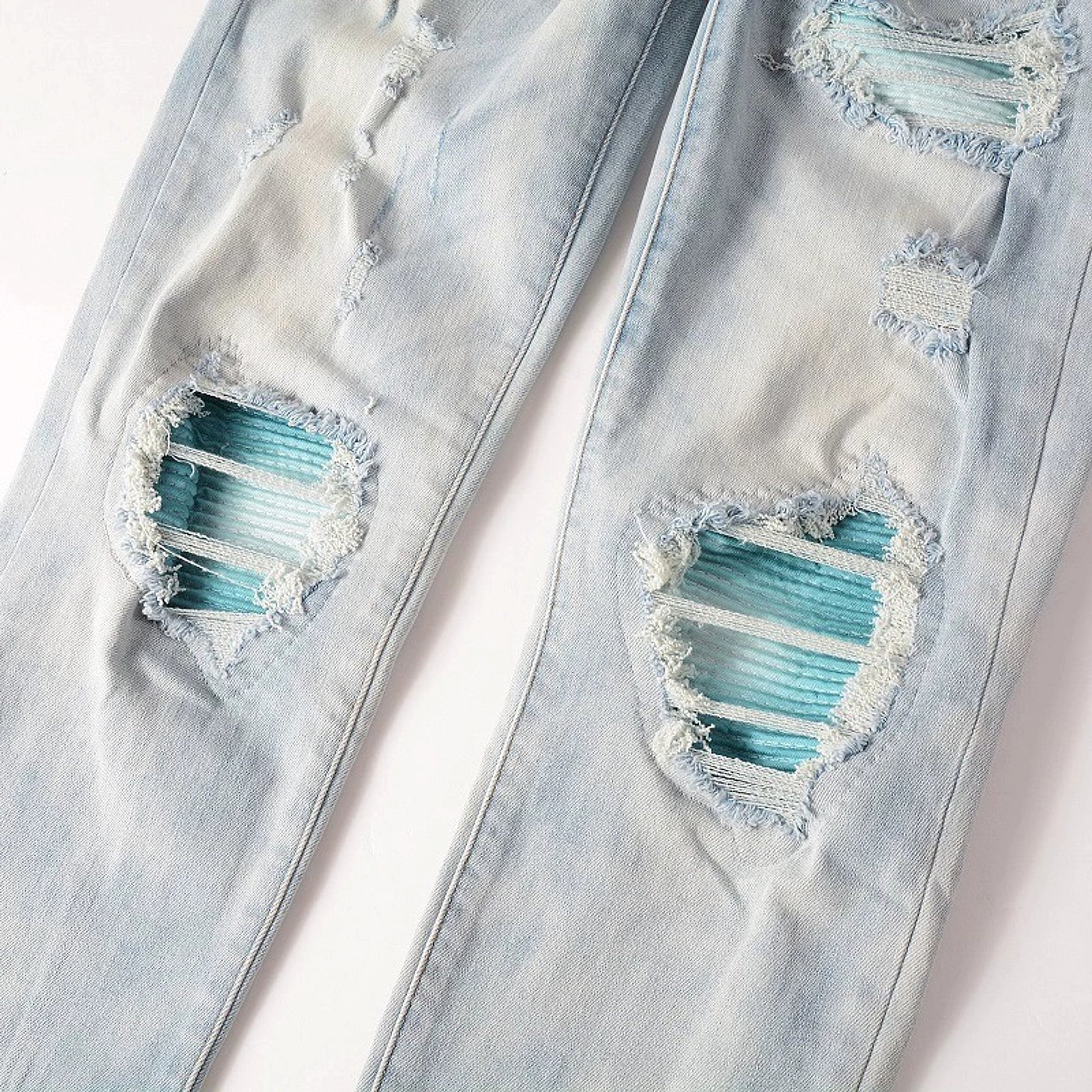 Baby Blue Wash Water Worn Patch Torn Jeans Male - enhanced image 12