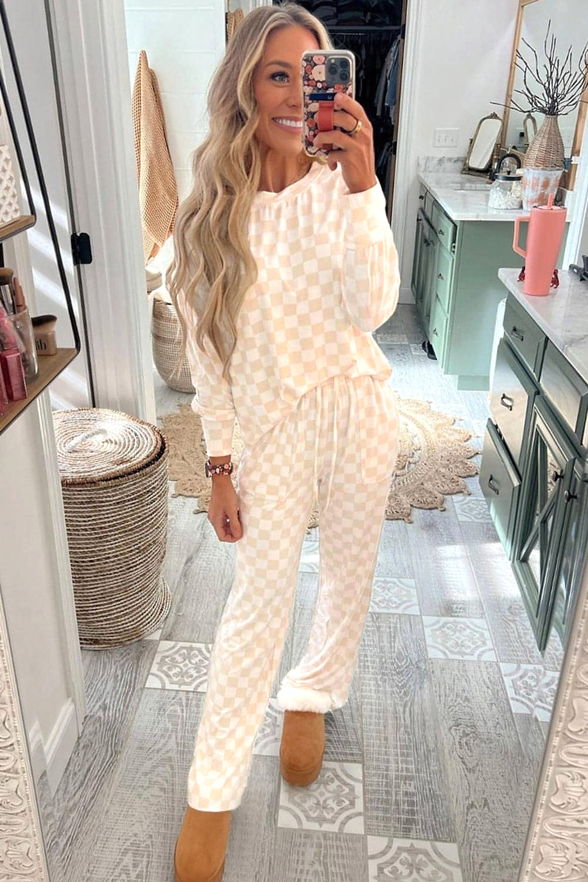 Beige Checkered Print Long Sleeve Top and Pants Lounge Set - enhanced image 12