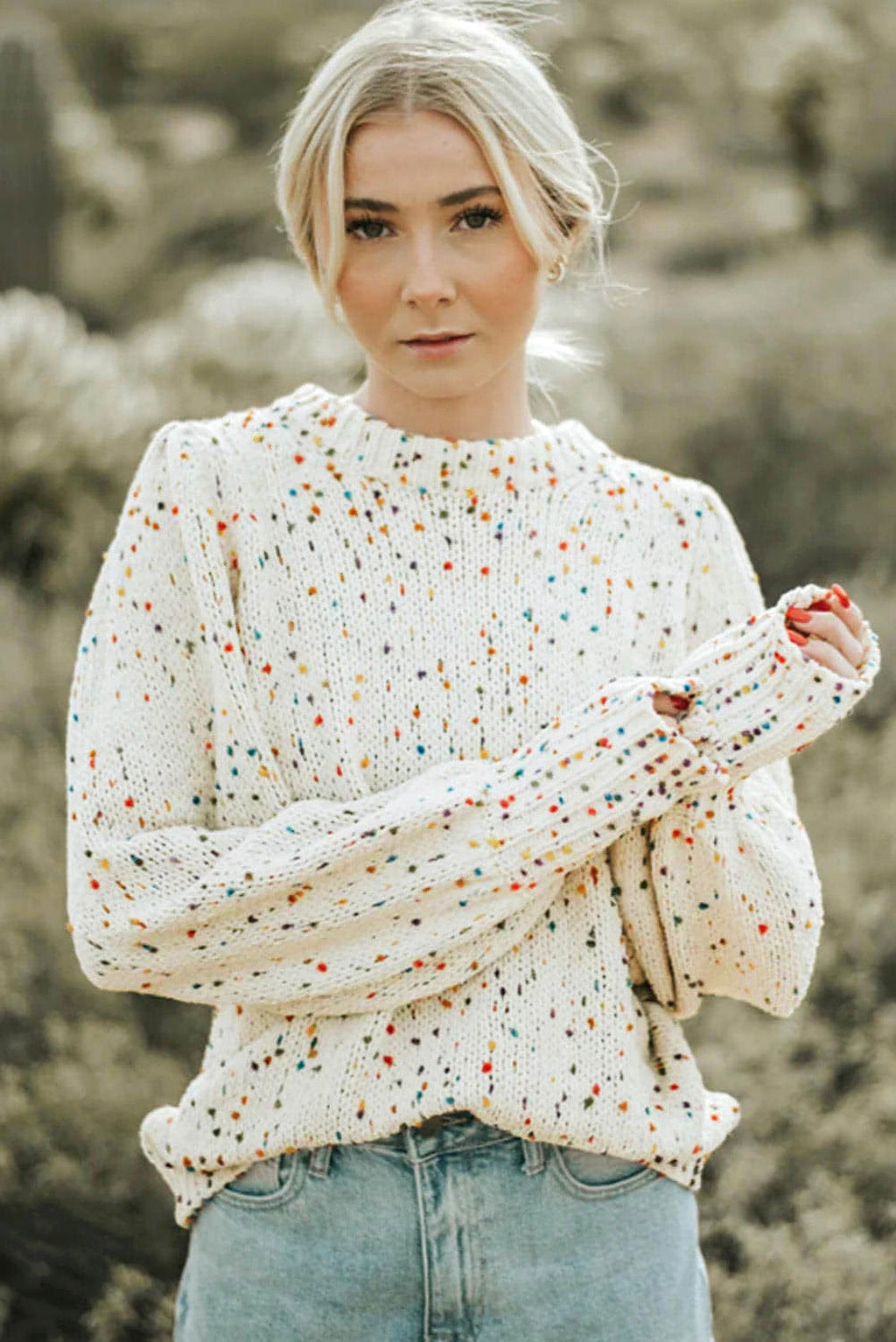 Beige Colorful Confetti Dots Cable Knit Crew Neck Sweater - enhanced image 12