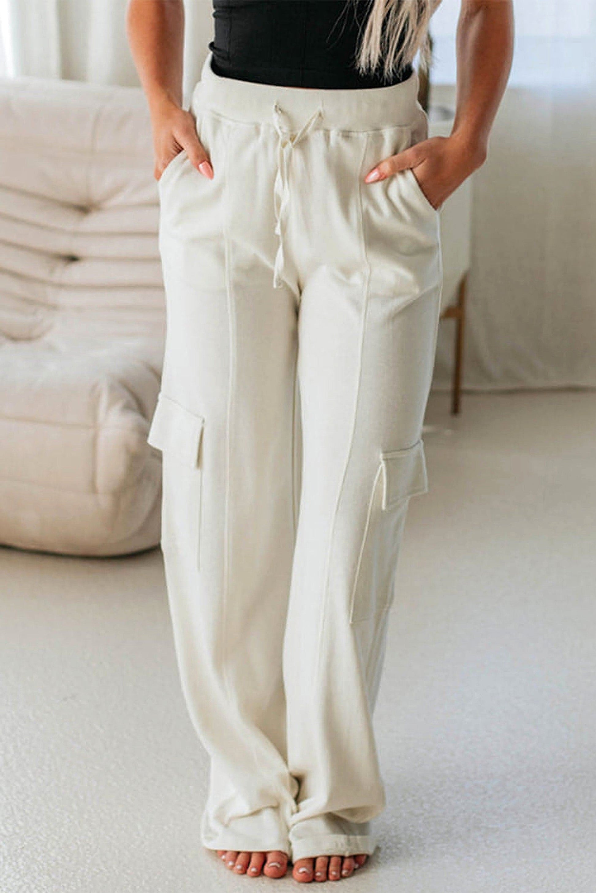 Beige Plain Cargo Pockets High Waist Casual Sweatpants - enhanced image 12