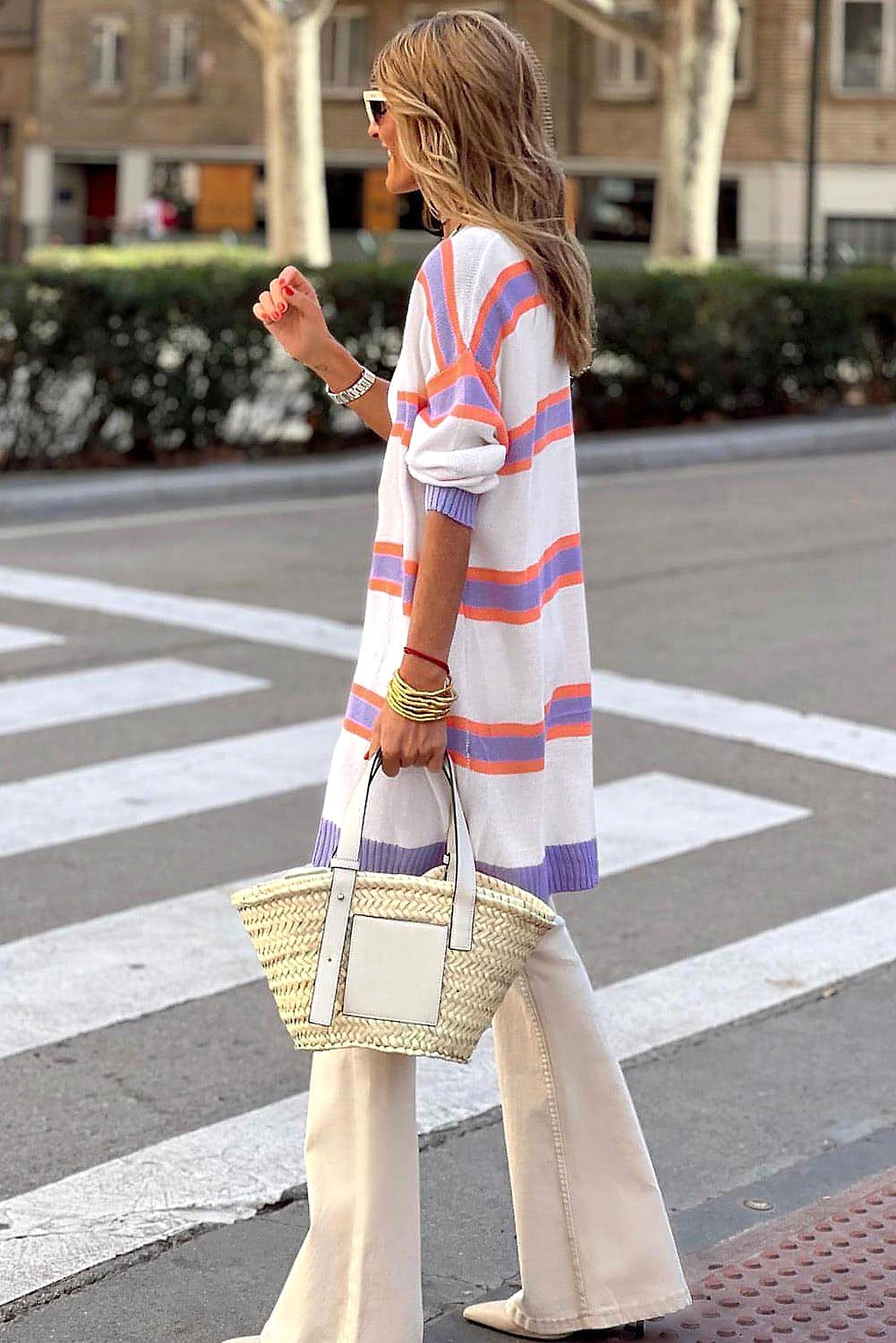 Beige Striped Long Sleeve Ribbed Trim Button Cardigan - enhanced image 12